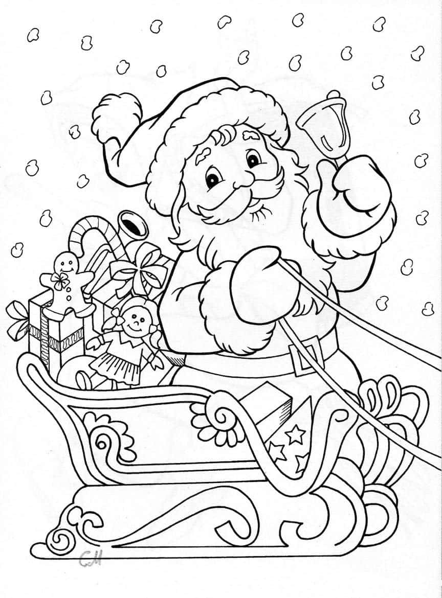 聖誕節 桌布 壁紙 — 聖誕老人坐在裝滿禮物和拐杖糖的雪橇上，雪花飄落。