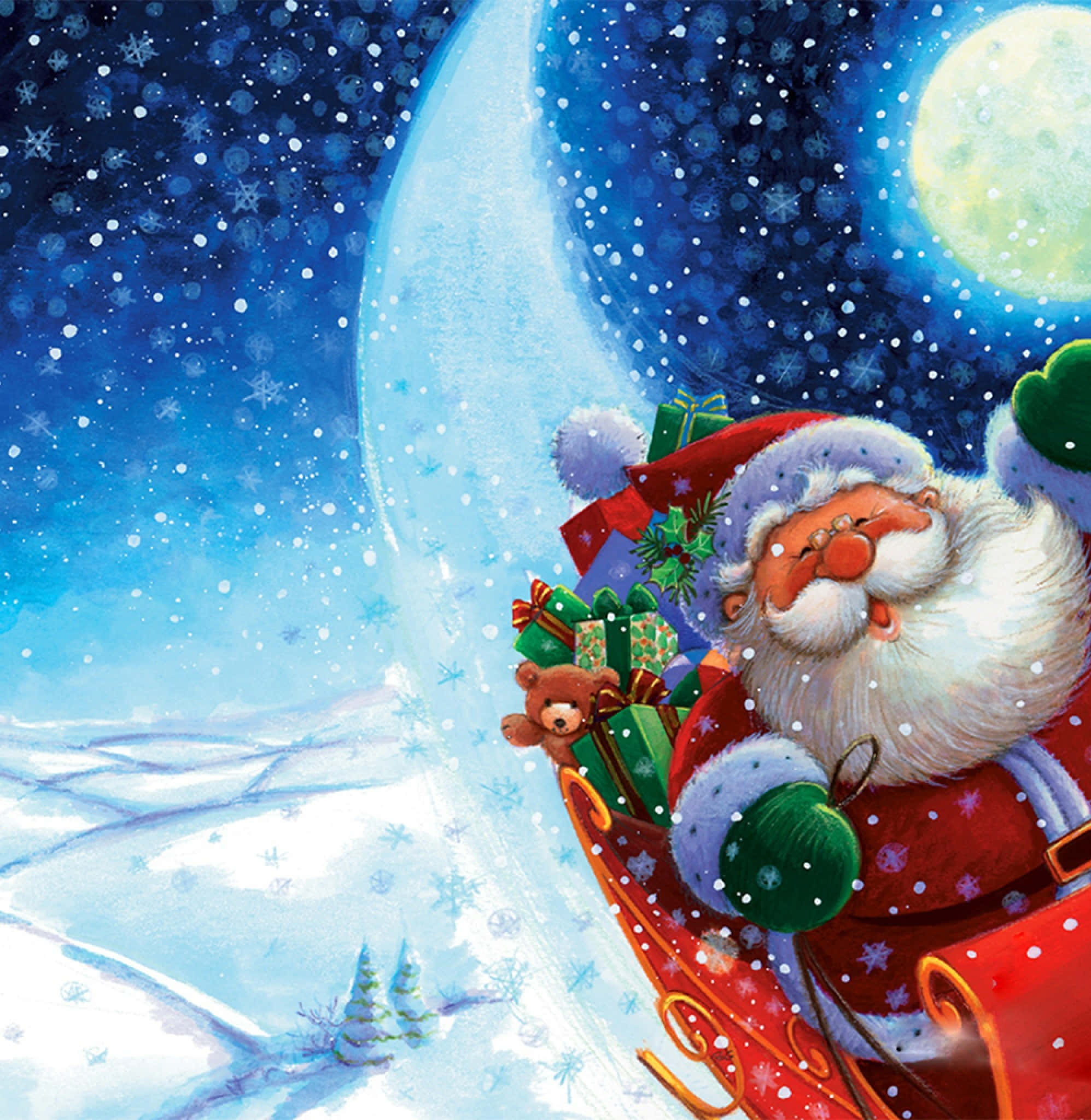 Santa Claus 桌布 壁紙 — 聖誕老人坐在裝滿禮物和泰迪熊的紅色雪橇上，在滿月下的雪夜天空中滑行。
