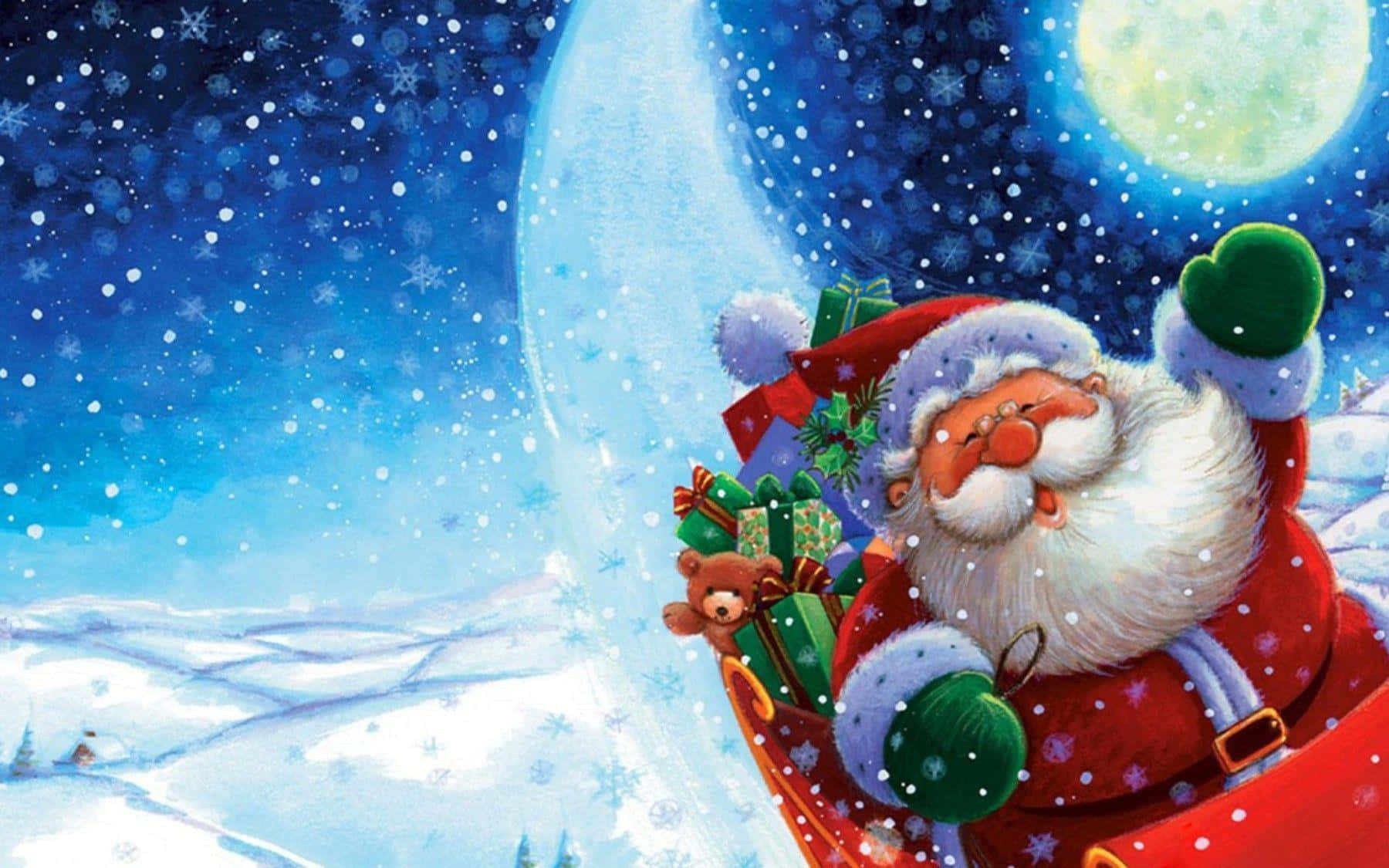 Santa 桌布 壁紙 — 聖誕老人坐在裝滿禮物和泰迪熊的紅色雪橇上，在閃爍的月光下飛過雪夜天空。