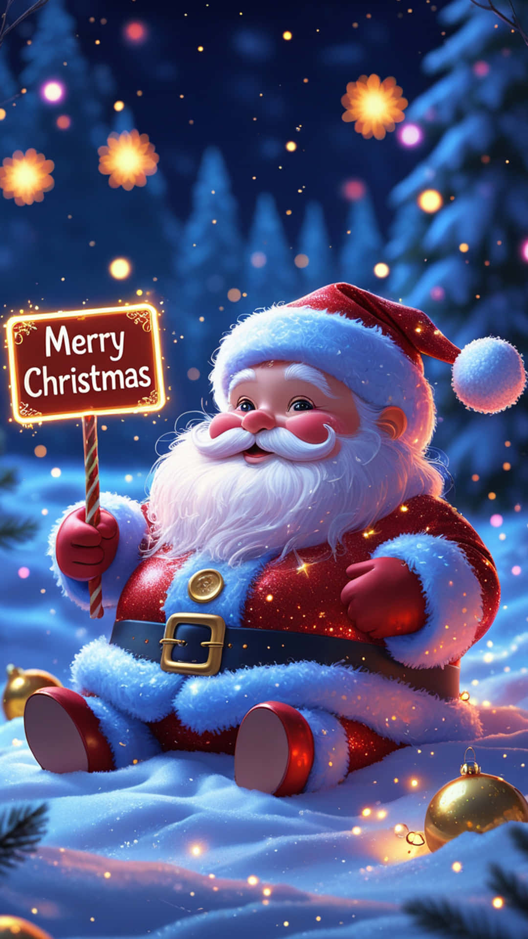 Christmas Wallpaper 壁紙 — 聖誕老人坐在雪中，在星空下拿著發光的「聖誕快樂」標誌，周圍有松樹和金色裝飾。
