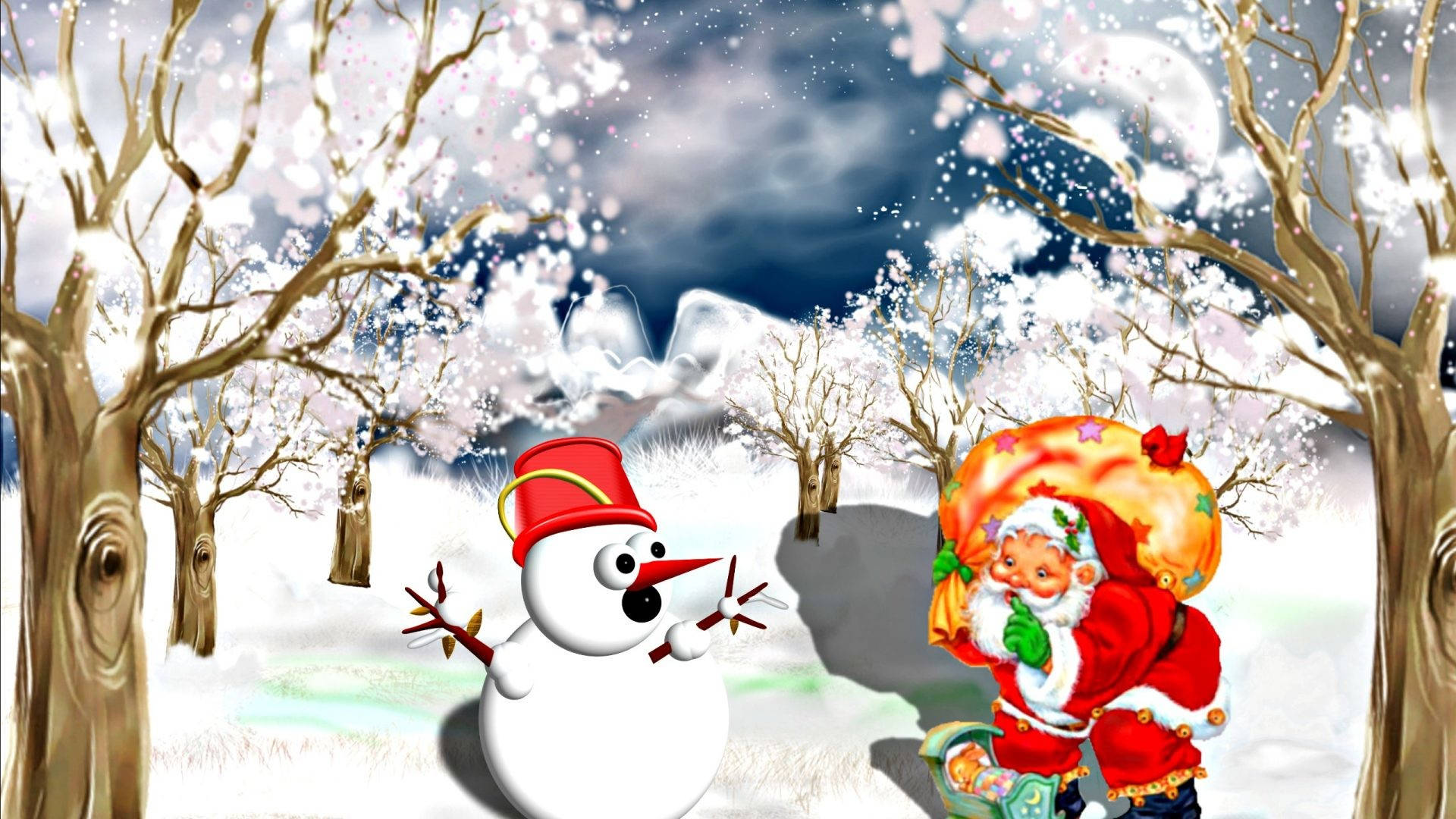 聖誕老人和雪人在夜晚的雪地森林中 — 雪人 壁紙
