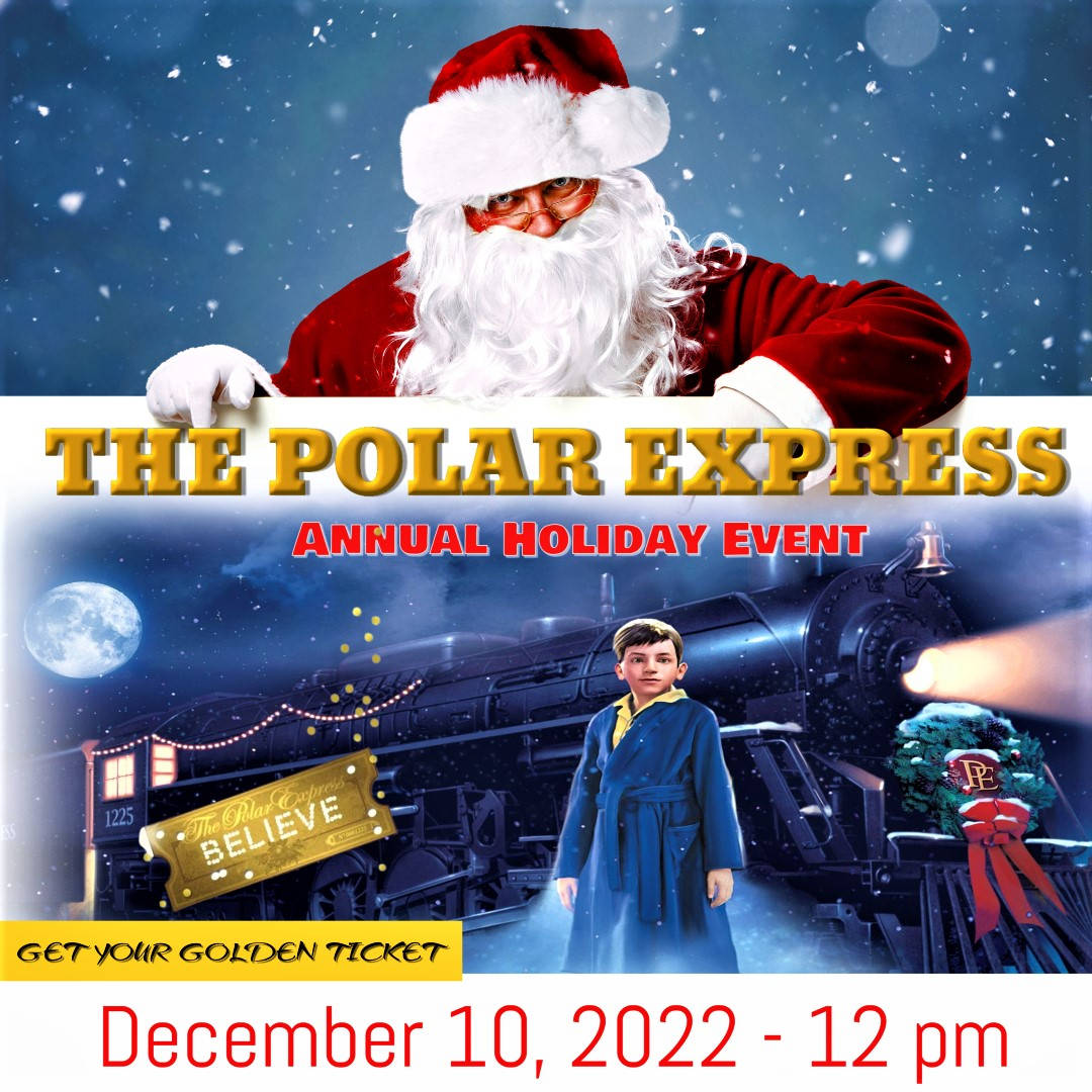 Santa Claus 桌布 壁紙 — 聖誕老人從一個宣傳The Polar Express節日活動的標誌上方窺視，一個穿著藍色長袍的男孩站在蒸汽火車旁邊，背景是雪夜月光。