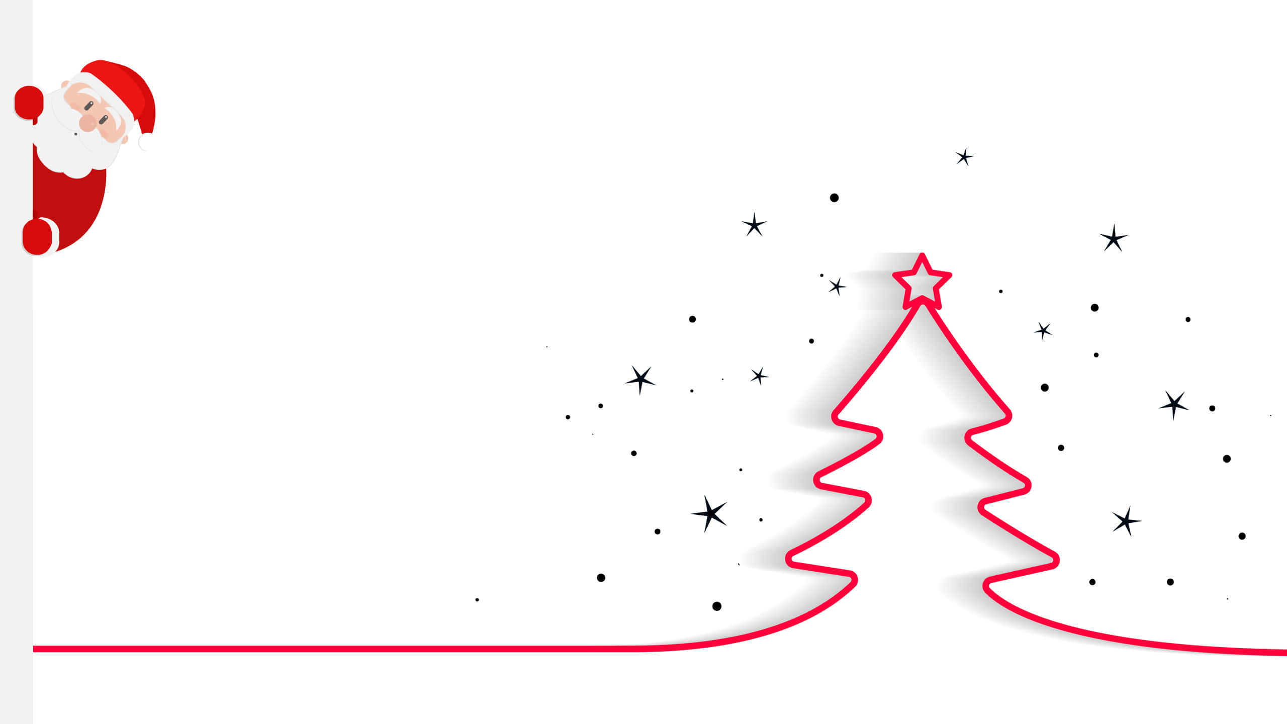 Minimalist Christmas Desktop 桌布 壁紙 — 聖誕老人從左邊窺視，旁邊是一棵紅色輪廓的聖誕樹，樹頂有一顆星星，還有散落的星星。