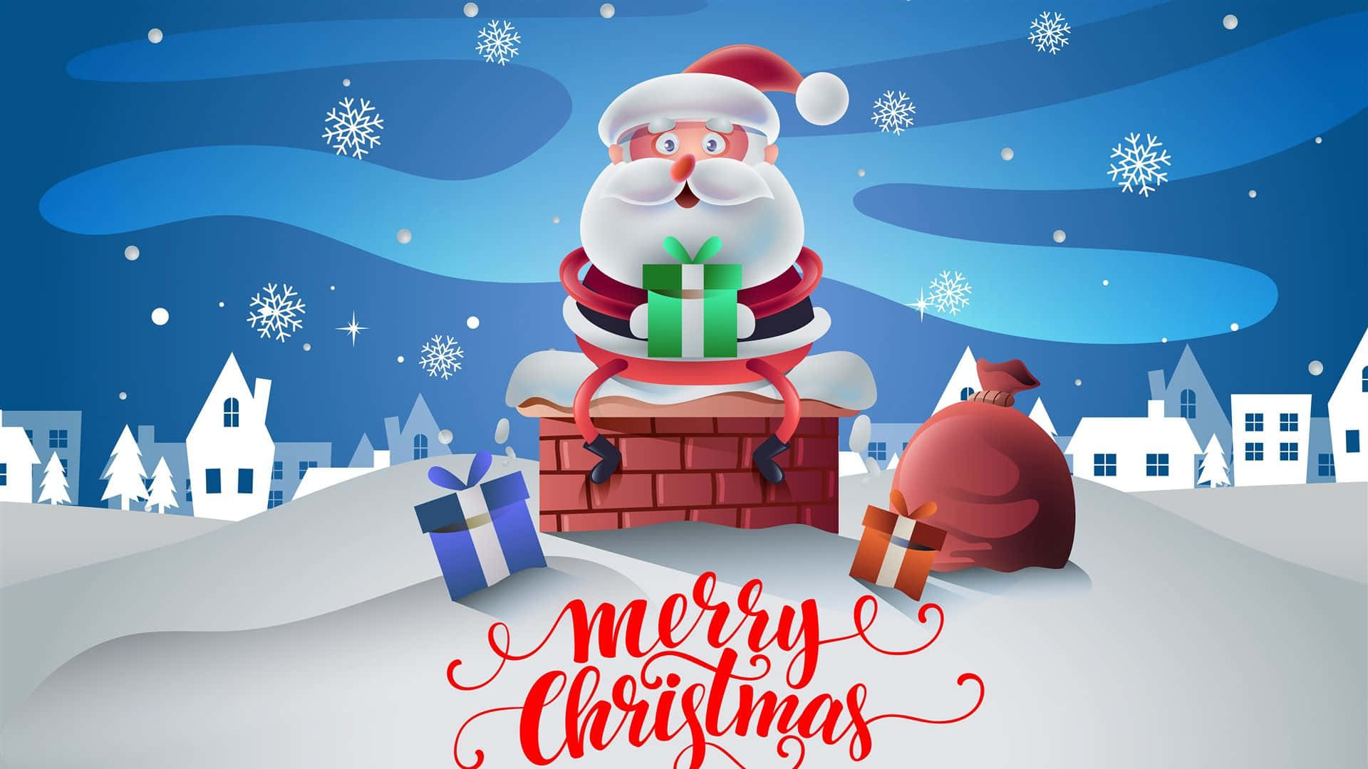 Santa Claus HD 桌布 壁紙 — 聖誕老人從煙囪中出現，手持禮物，背景是雪花飄落的雪夜天空和下方的節日村莊。
