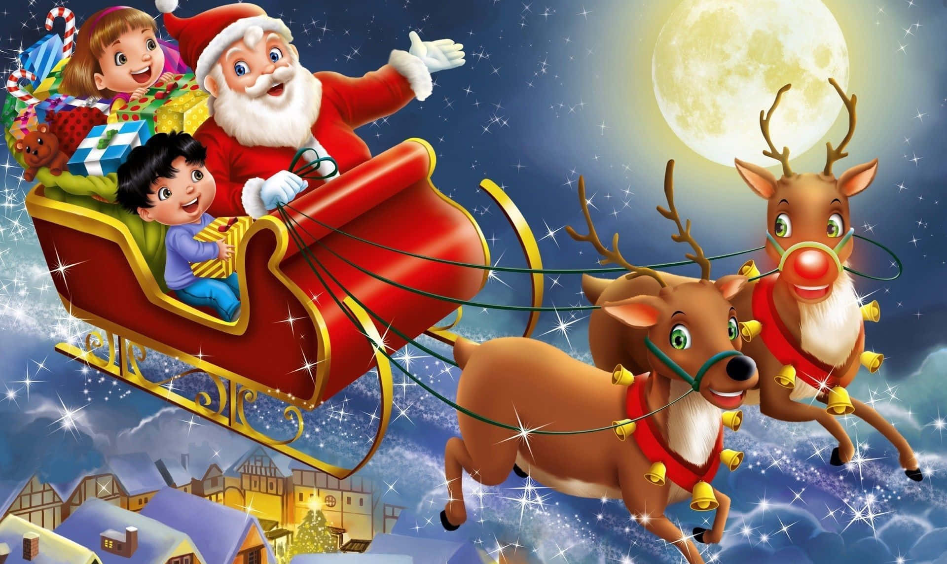 Santa 桌布 壁紙 — 聖誕老人愉快地乘坐由馴鹿拉著的紅色雪橇，飛過星光閃爍的夜空，孩子們笑著拿著禮物。