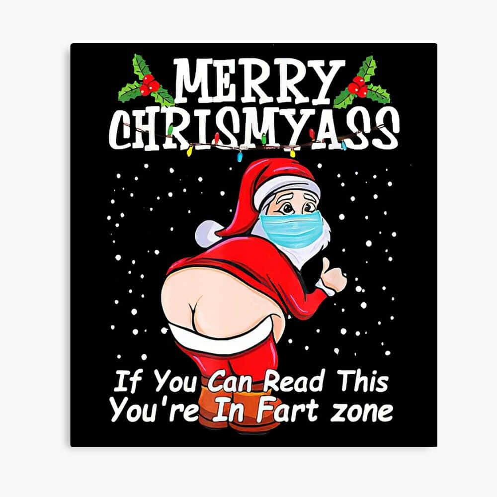 Funny Santa 桌布 壁紙 — 聖誕老人戴著口罩，豎起大拇指，雪花飄落在黑色背景上，並有節日文字。