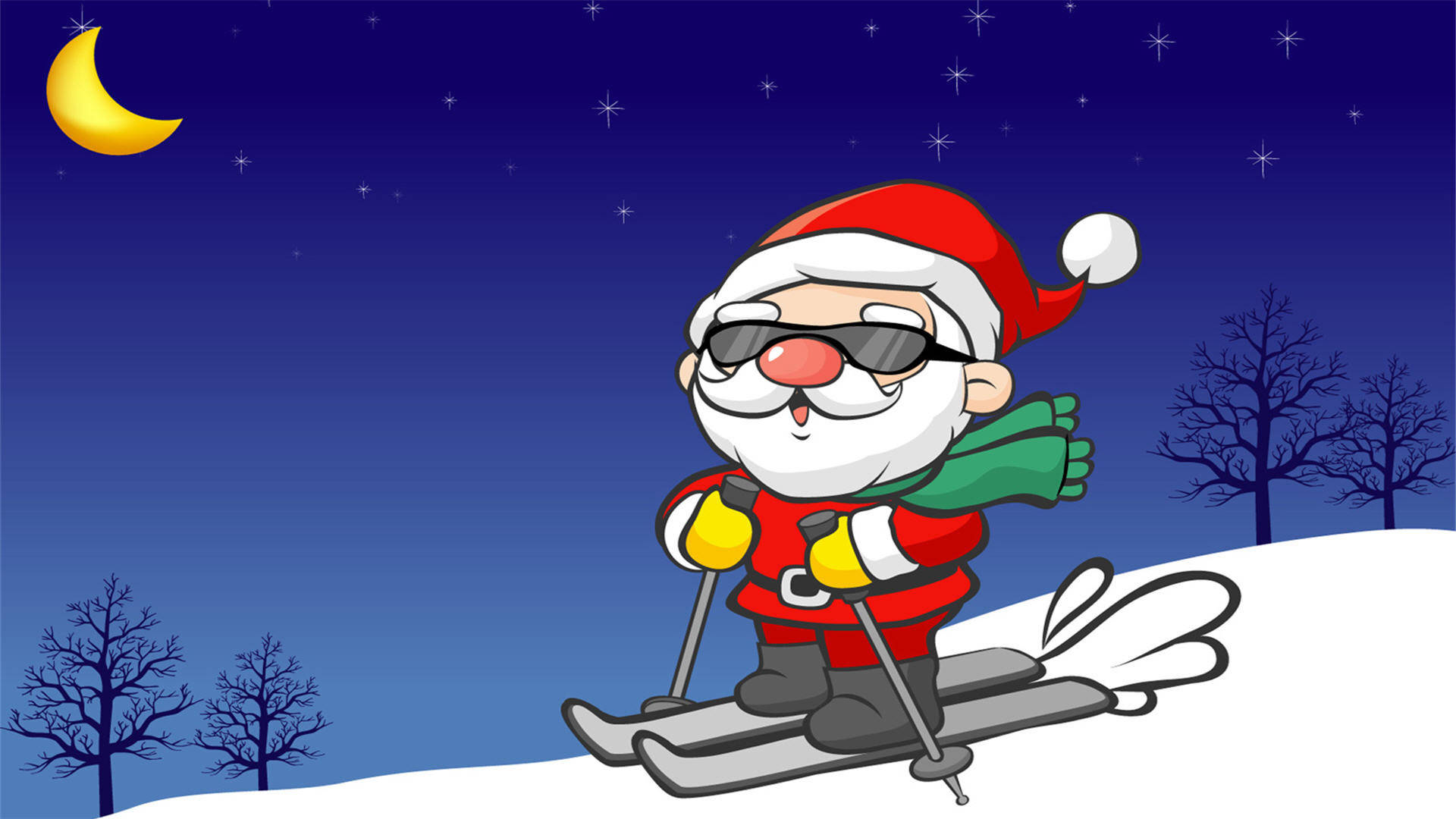 Santa Claus 桌布 壁紙 — 聖誕老人戴著太陽眼鏡，在滿天星斗的夜空下，新月高掛，沿著雪坡滑雪而下。