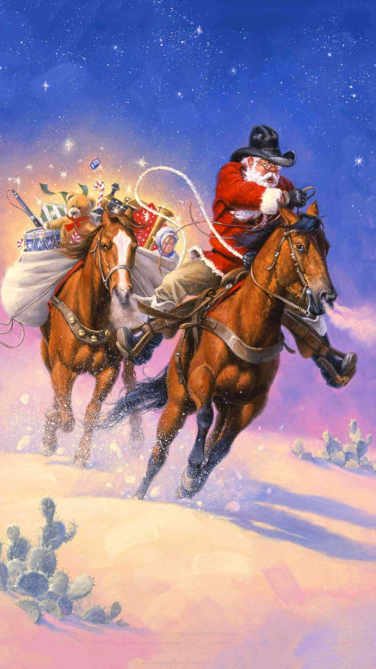 Cowboy Christmas 桌布 壁紙 — 聖誕老人戴著牛仔帽，騎著兩匹馬穿過雪地沙漠，在星光燦爛的暮色天空下。