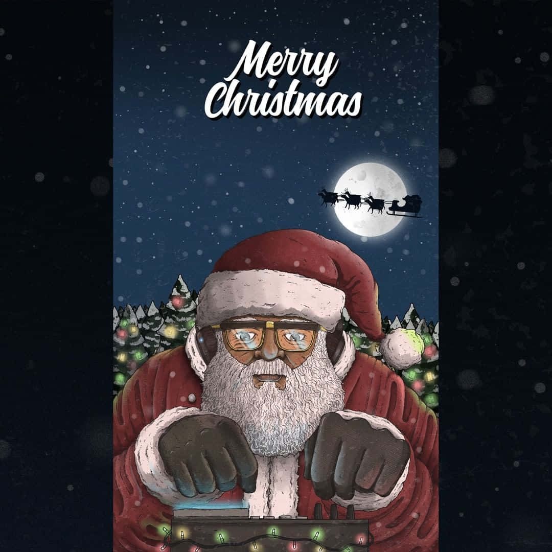 美學 桌布 壁紙 — 聖誕老人戴著眼鏡和紅色西裝，在滿月和雪橇飛過頭頂的雪夜天空下打碟。