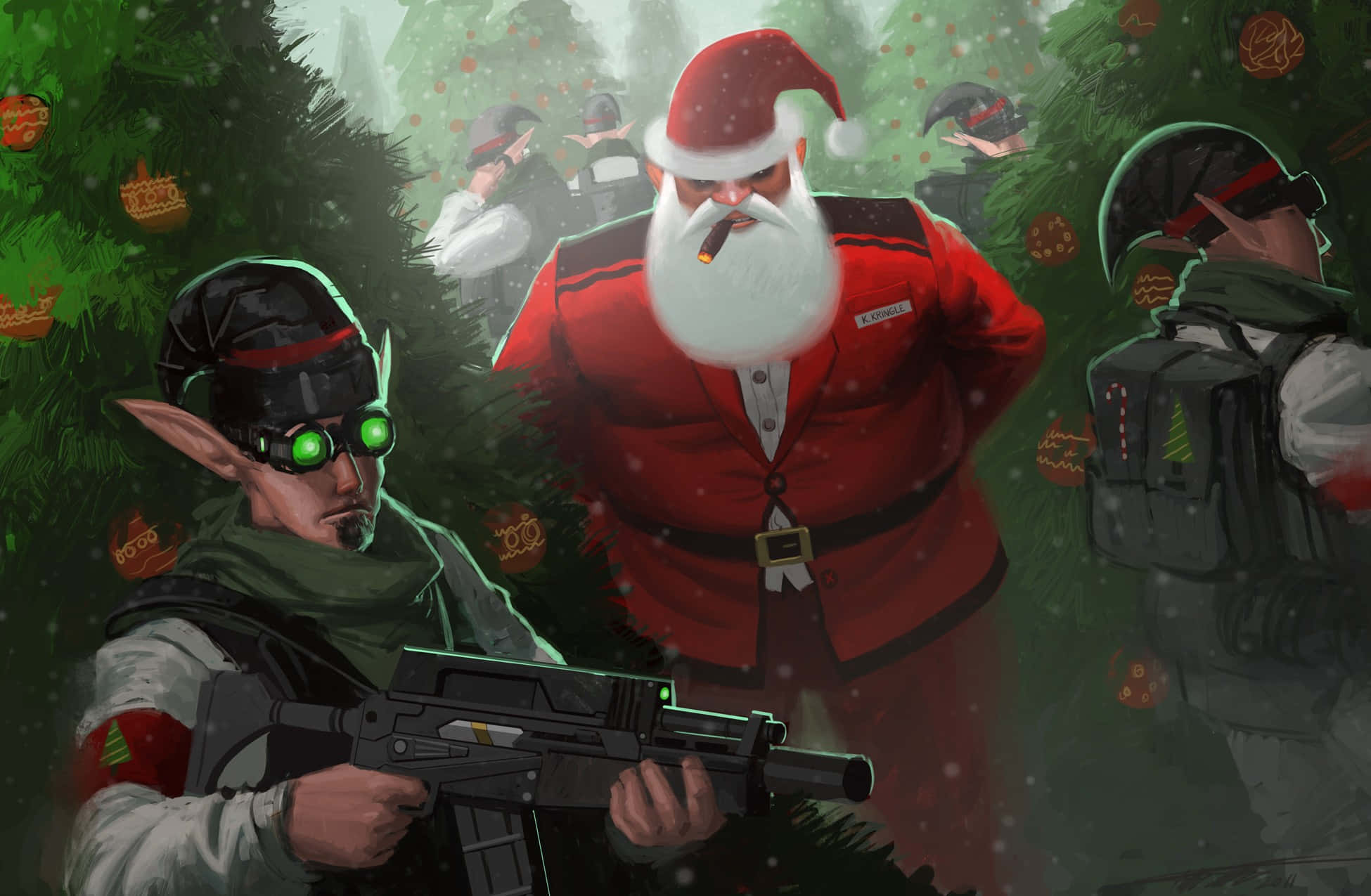 Santa Claus 桌布 壁紙 — 聖誕老人抽著雪茄，被武裝的精靈士兵包圍，身處掛有裝飾品的雪地森林中。