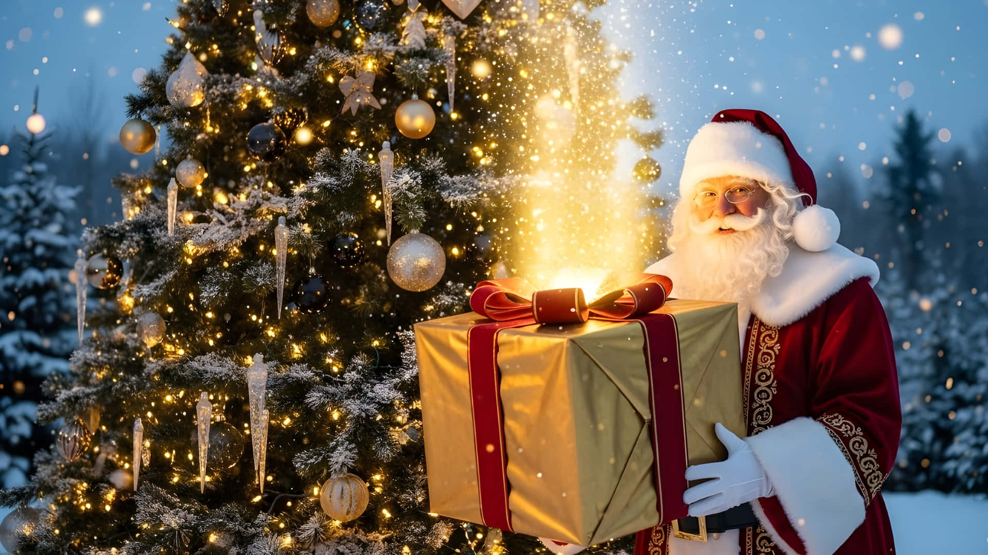 Santa claus holding a glowing christmas gift next to tree 壁紙 — 聖誕老人拿著一個發光的金色禮物盒，旁邊是一棵灑滿雪花、閃爍著溫暖燈光的聖誕樹。