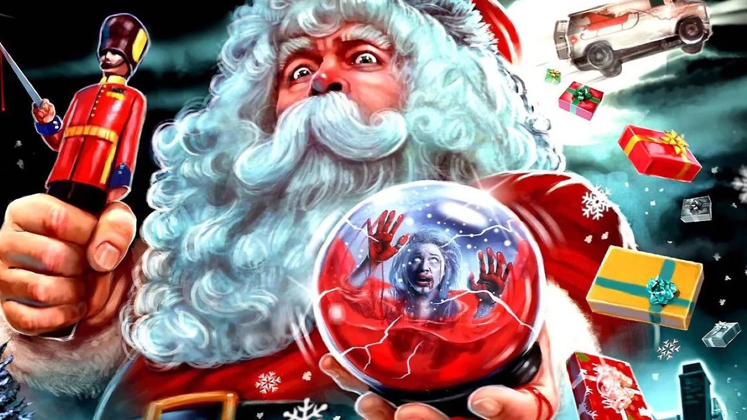 evil 桌布 壁紙 — 聖誕老人拿著一個雪球，裡面困住一個尖叫的女人，同時揮舞著胡桃夾子，周圍有漂浮的禮物和一輛飛行的汽車。