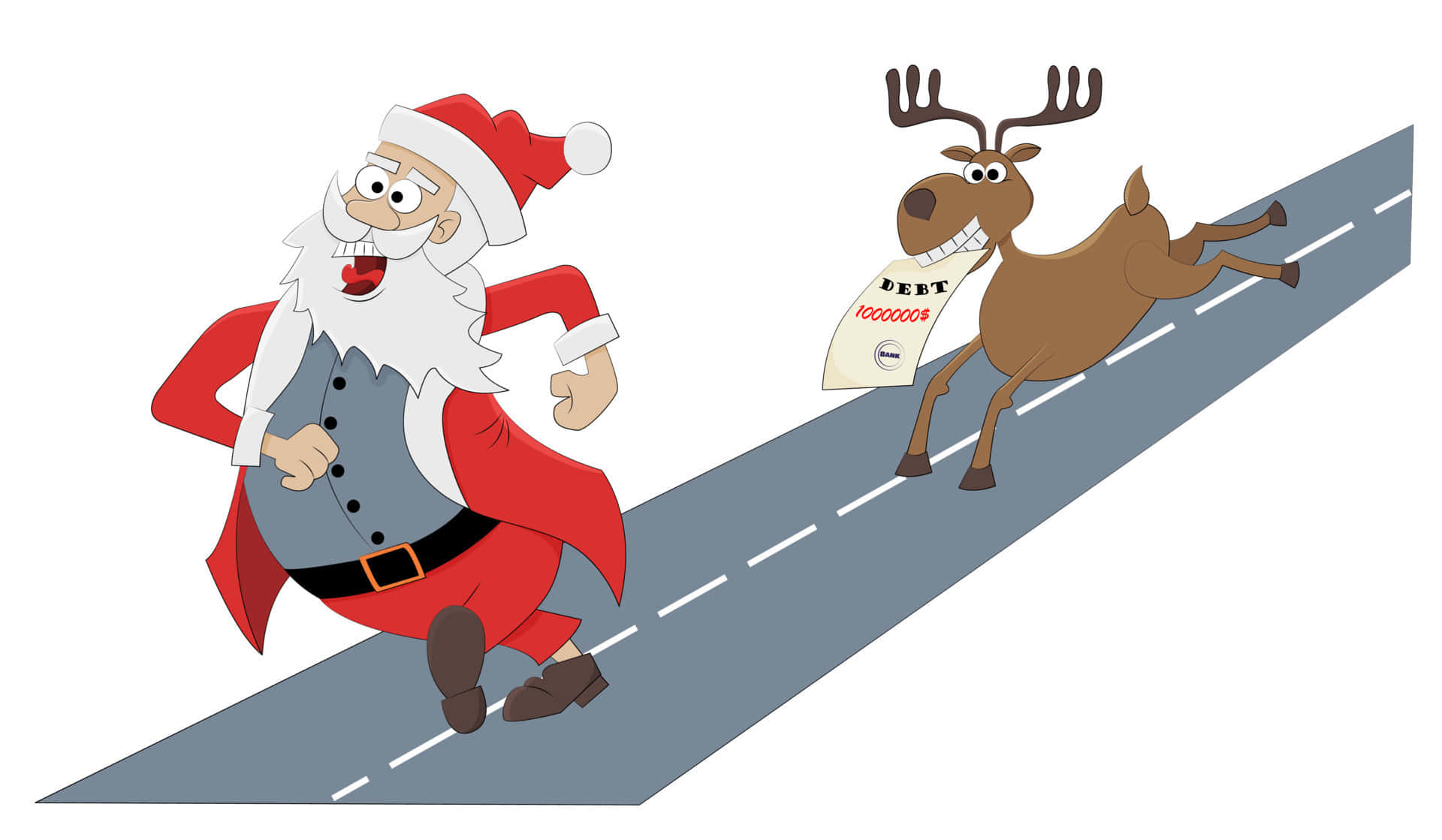 Santa Claus 桌布 壁紙 — 聖誕老人沿著道路瘋狂奔跑，一隻馴鹿拿著寫有「債務」的牌子追趕他。
