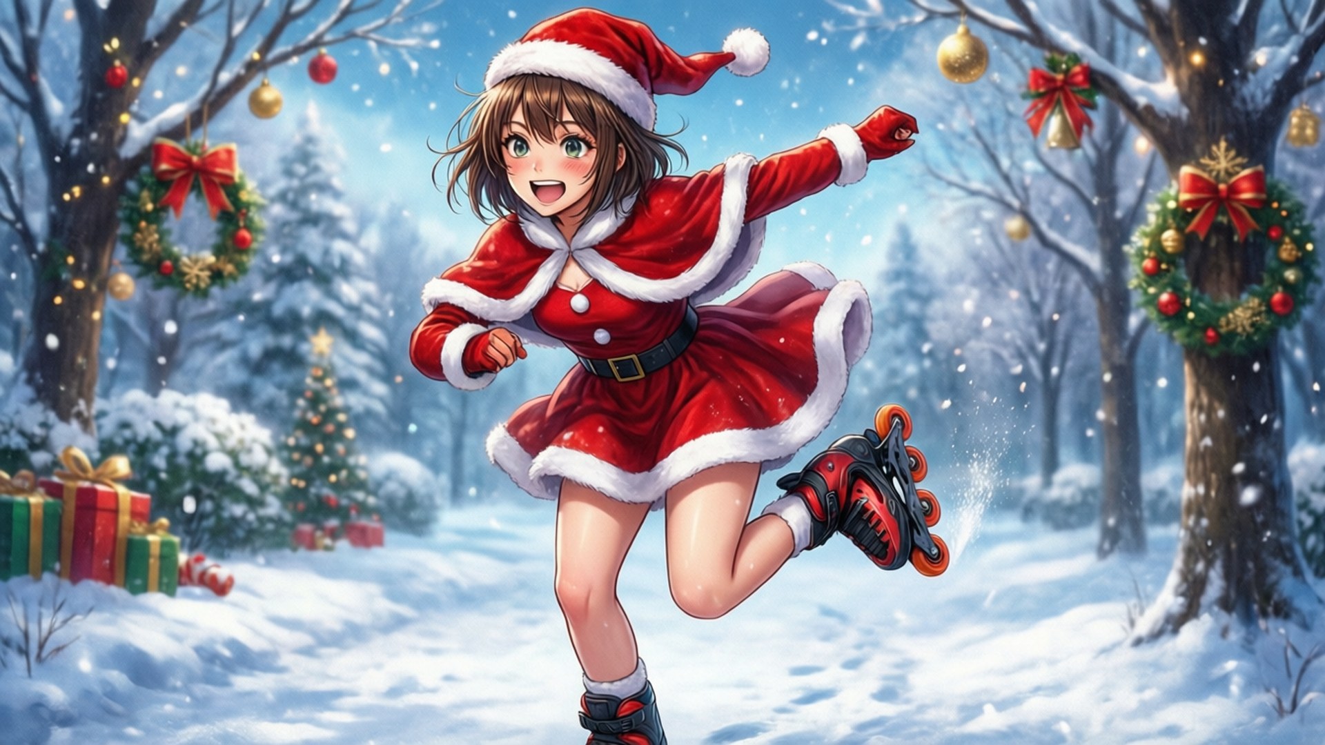 聖誕老人溜直排輪 壁紙 — 一個快樂的動漫女孩穿著紅色聖誕老人服裝，在裝飾著花環和禮物的雪地森林中溜冰。