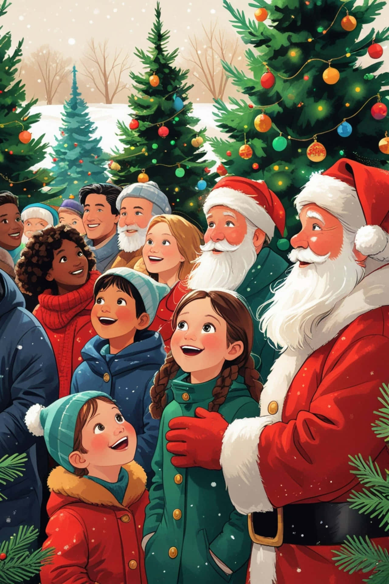 Christmas Line 壁紙 — 聖誕老人溫暖地擁抱穿著冬季外套的孩子們，他們在飄雪下聚集在裝飾好的聖誕樹周圍。