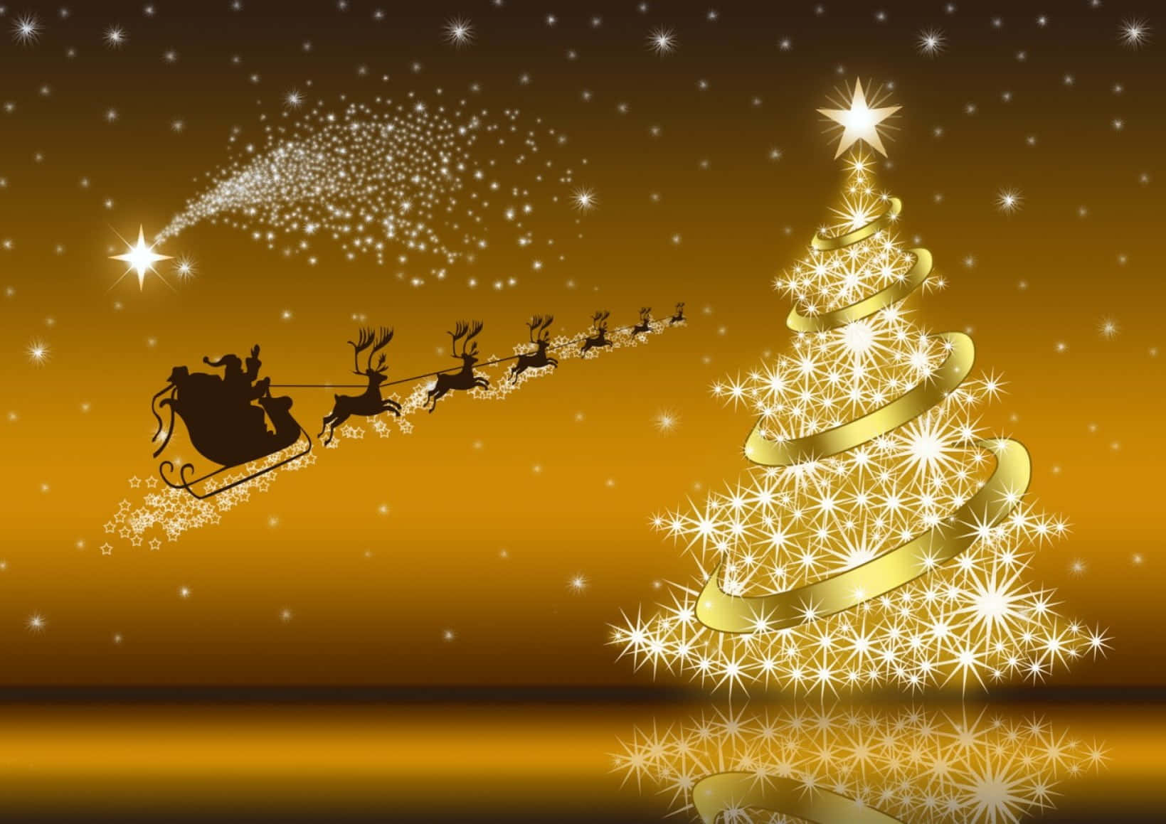 Gold Christmas 桌布 壁紙 — 聖誕老人的雪橇在星空下飛過閃閃發光的金色聖誕樹。