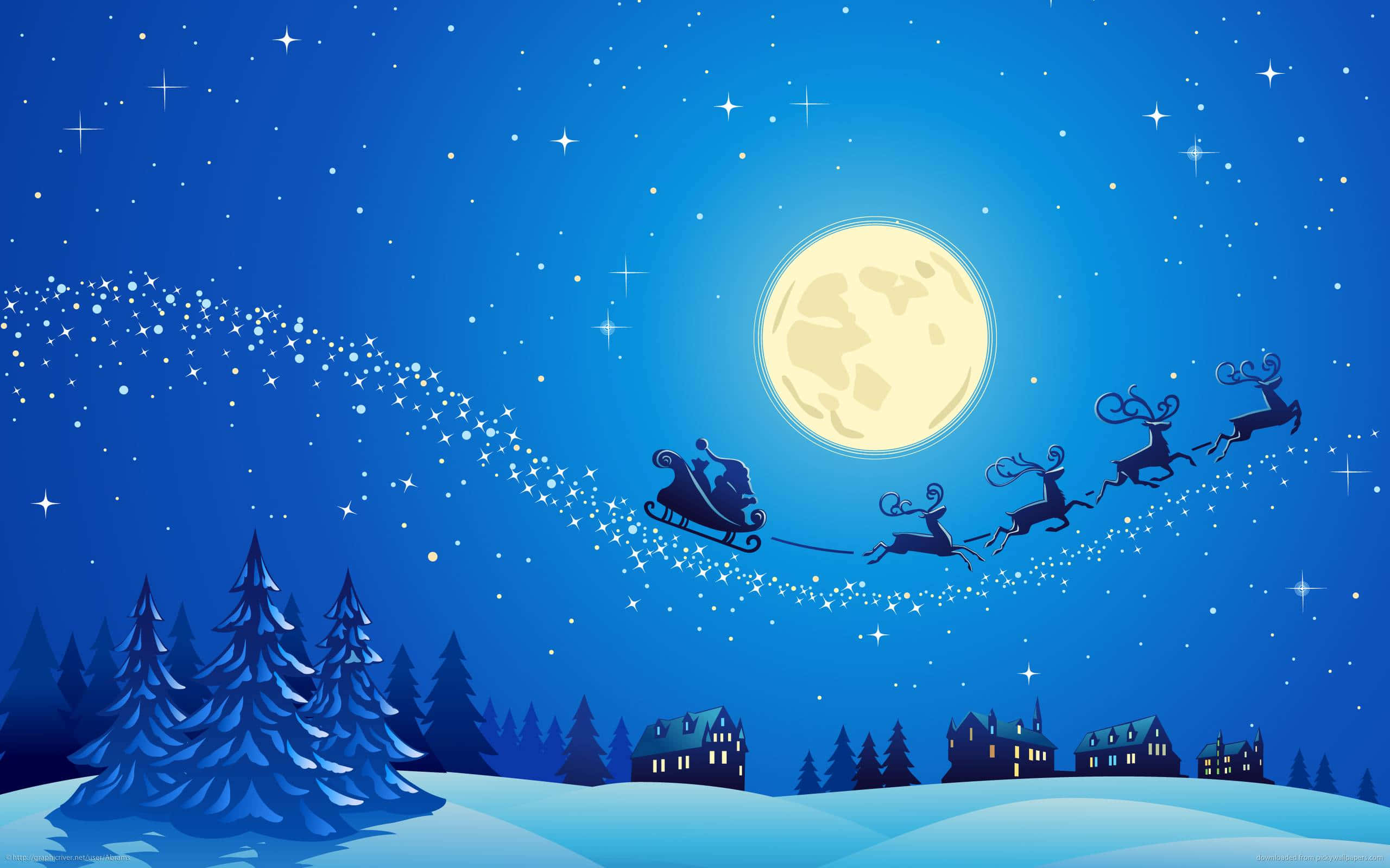 Christmas Eve 桌布 壁紙 — 聖誕老人的雪橇在滿月下飛過白雪覆蓋的松樹和舒適的房屋，在一個星光燦爛的冬夜。