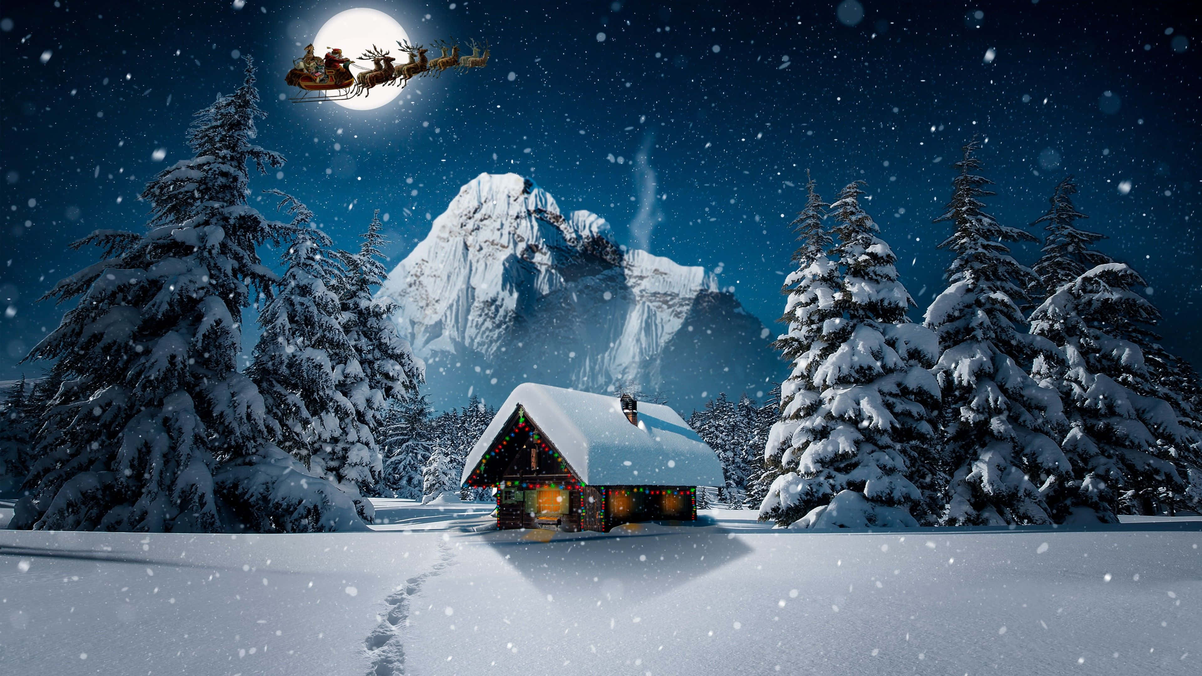 Santa Claus 桌布 壁紙 — 聖誕老人的雪橇在滿月下飛過被雪覆蓋的小屋，置身冬日仙境。