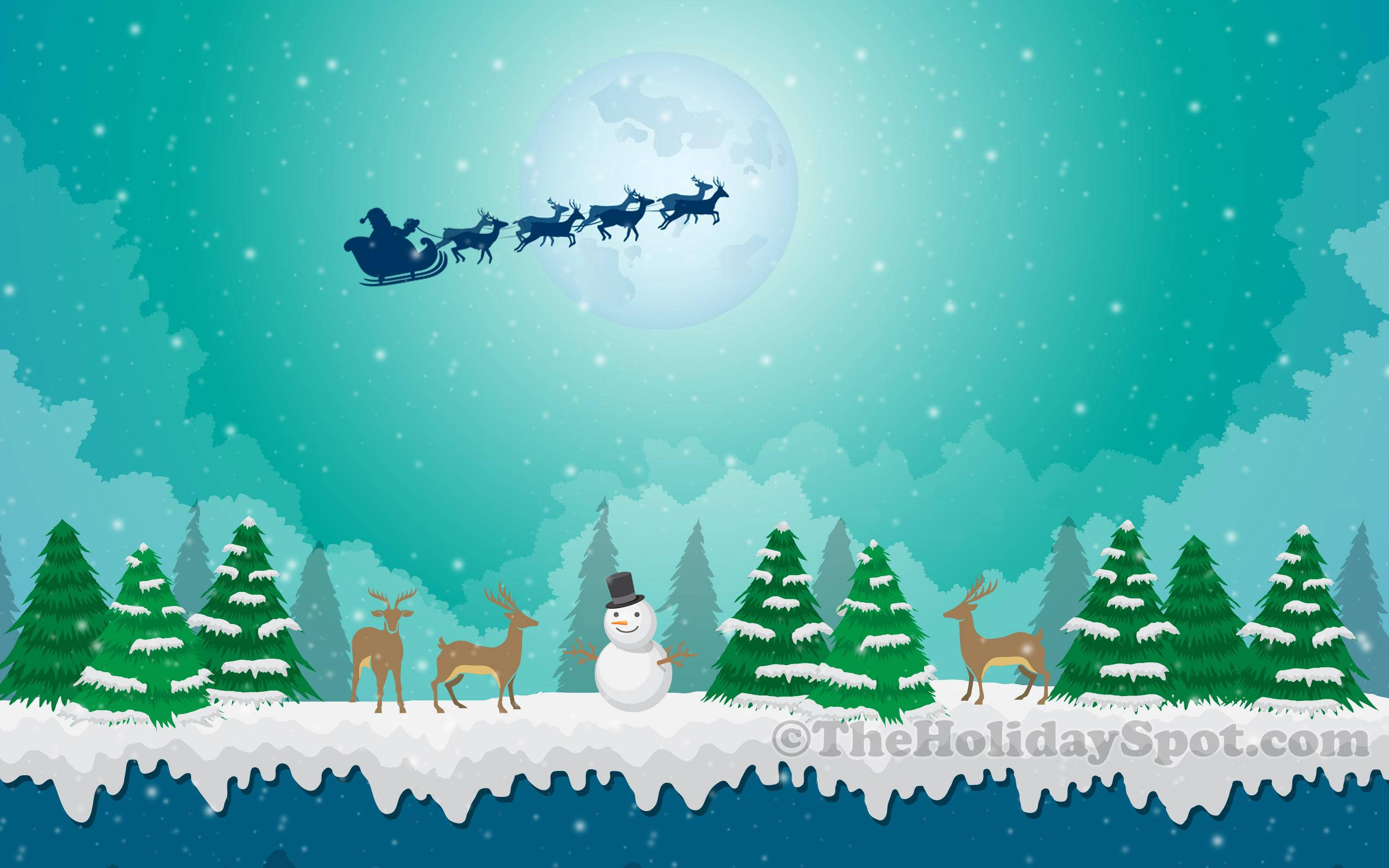christmas laptop 桌布 壁紙 — 聖誕老人的雪橇在滿月下飛過雪地森林，下方有雪人和鹿。