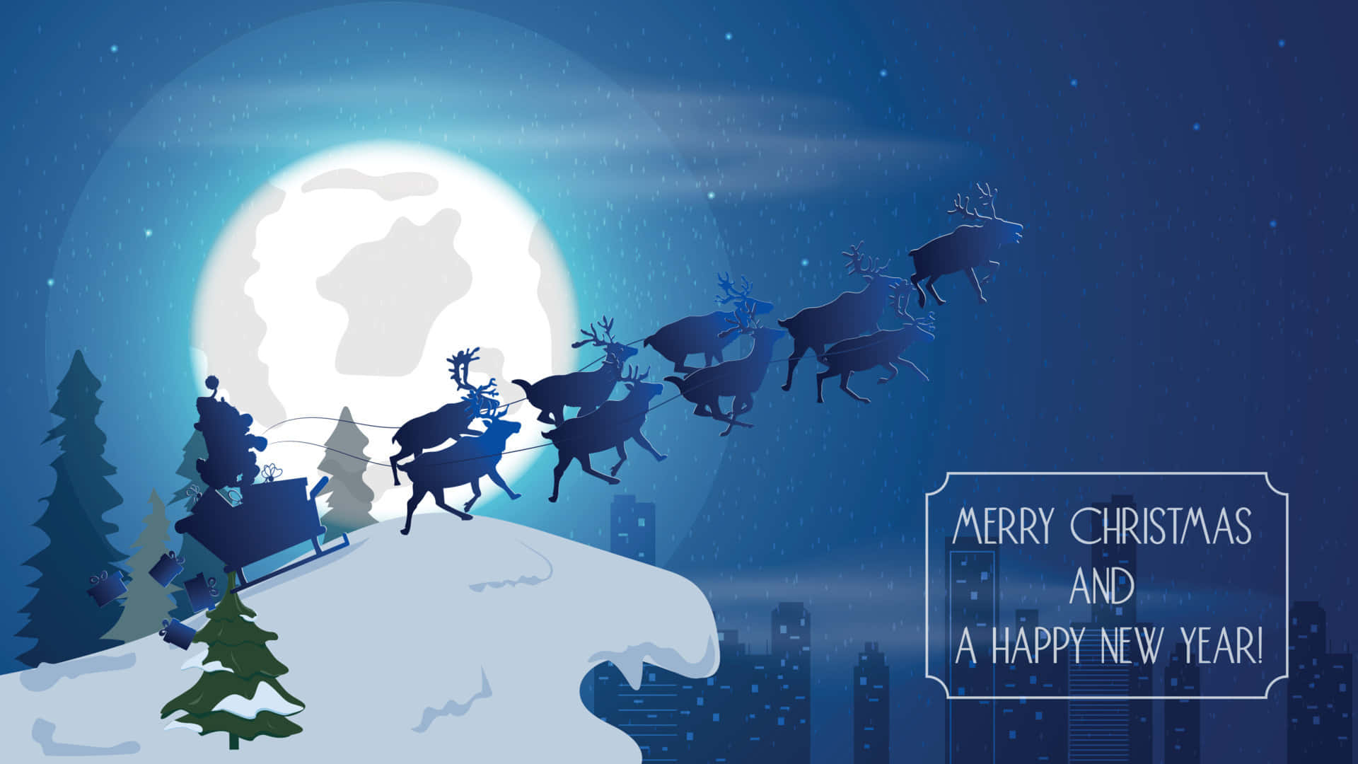 Santa Claus 桌布 壁紙 — 聖誕老人的雪橇由馴鹿拉著，在巨大月亮下飛越白雪覆蓋的山丘，城市天際線之上。