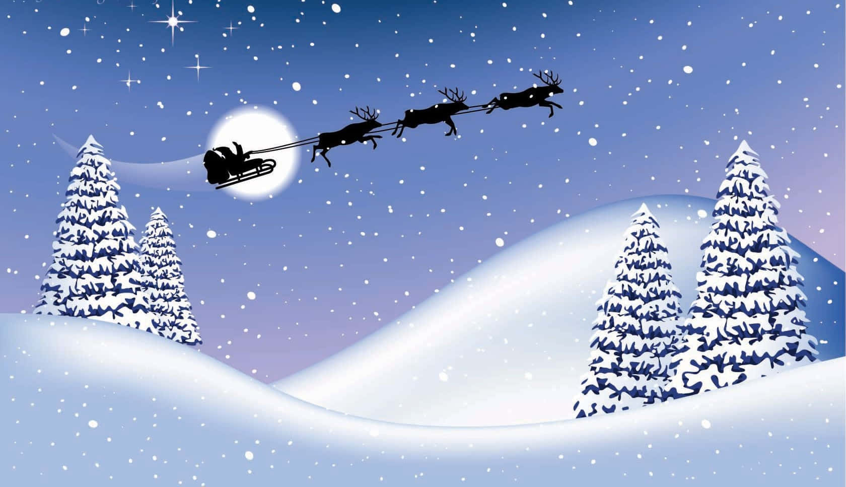 Cartoon 桌布 壁紙 — 聖誕老人的雪橇由馴鹿拉著，在滿月星空下飛越雪覆蓋的山丘。