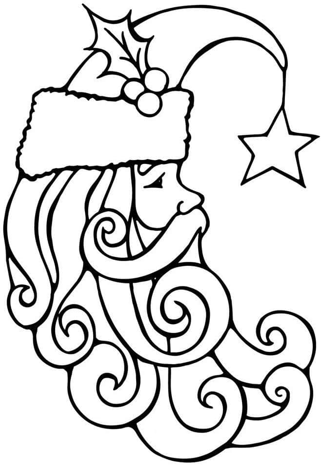Christmas Coloring 桌布 壁紙 — 聖誕老人的黑白線條畫，戴著飾有冬青的帽子，鬍鬚呈漩渦狀，旁邊有一顆星星。