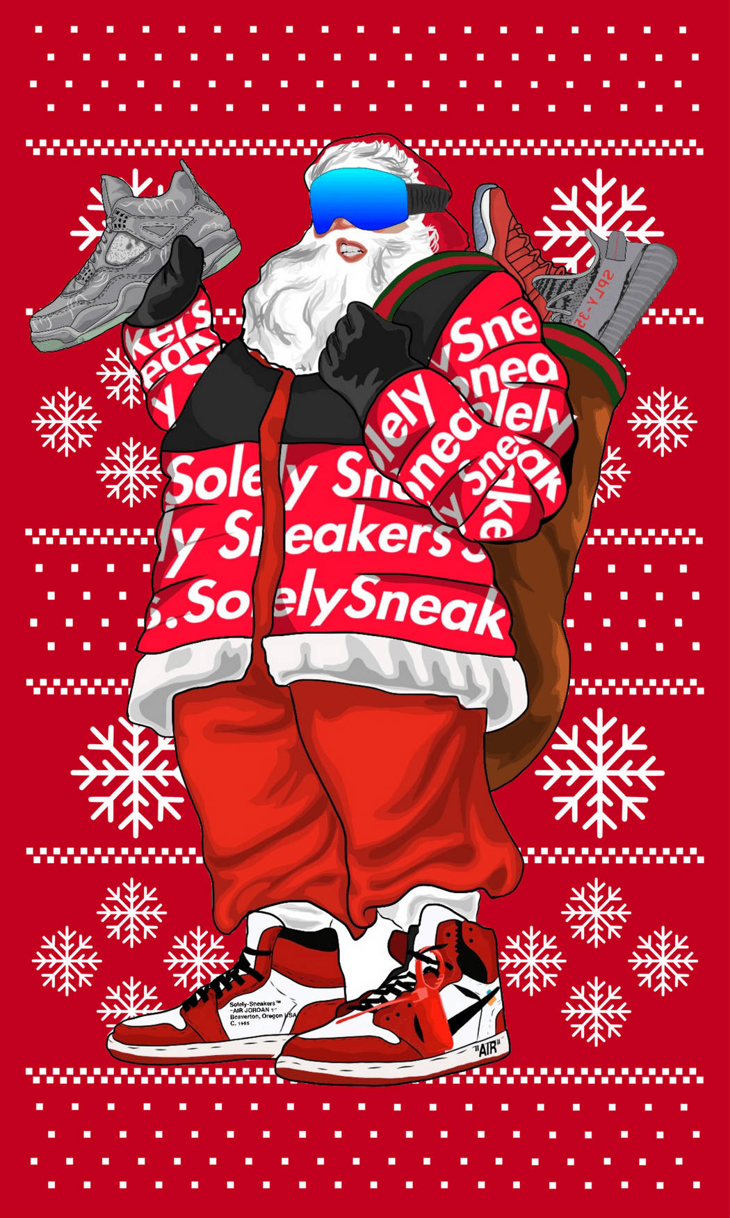 潮流玩家 桌布 壁紙 — 聖誕老人穿著印有「Solely Sneakers」文字的紅色毛衣，手持運動鞋，站在帶有白色雪花的紅色背景前。
