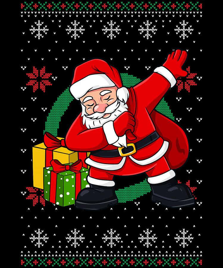 Santa Claus 桌布 壁紙 — 聖誕老人穿著節日醜毛衣，在雪地圖案背景旁跳舞，旁邊有禮物。