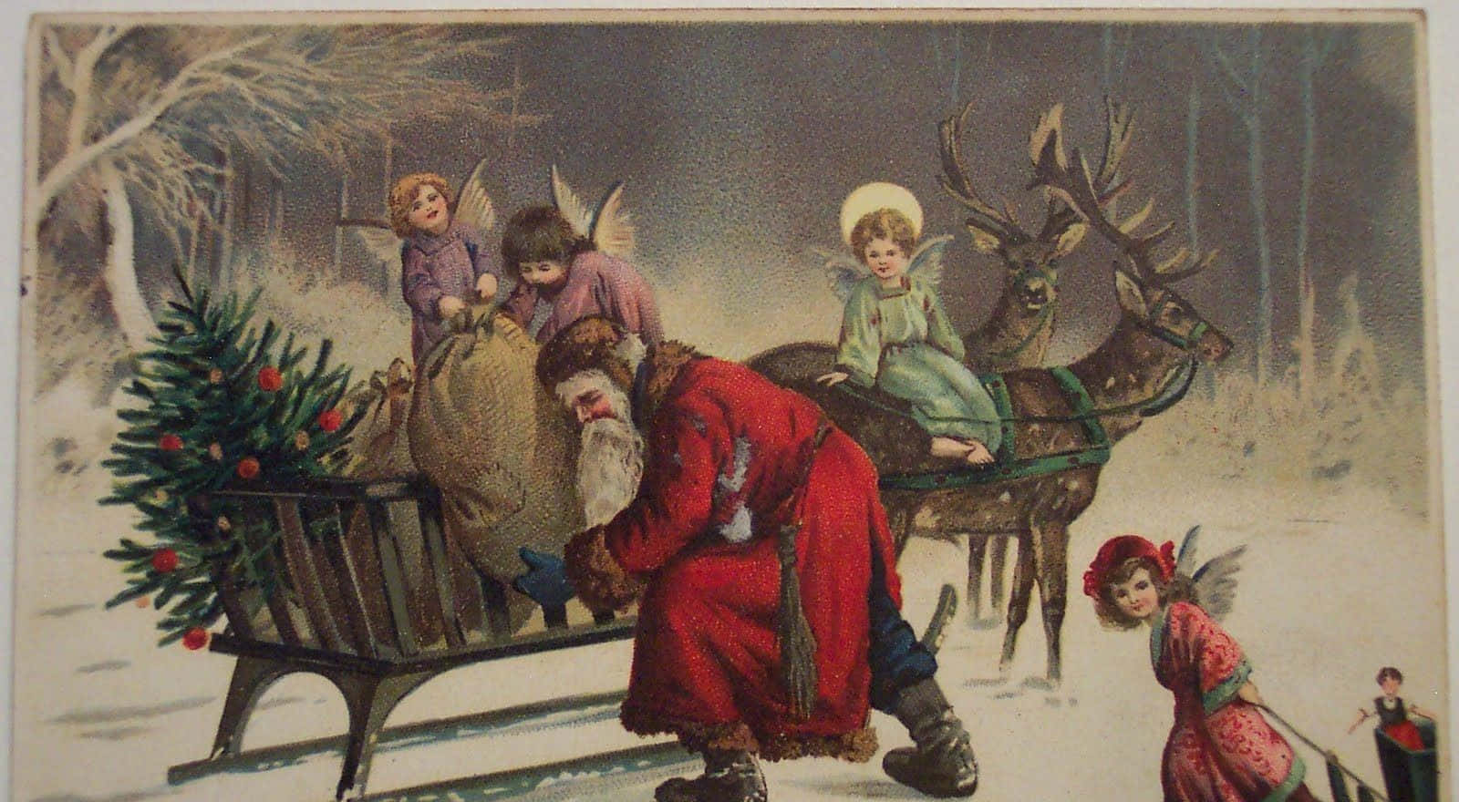 Vintage Christmas 桌布 壁紙 — 聖誕老人穿著紅色外套，在雪地森林中拉著雪橇，周圍有馴鹿和天使般的孩子。