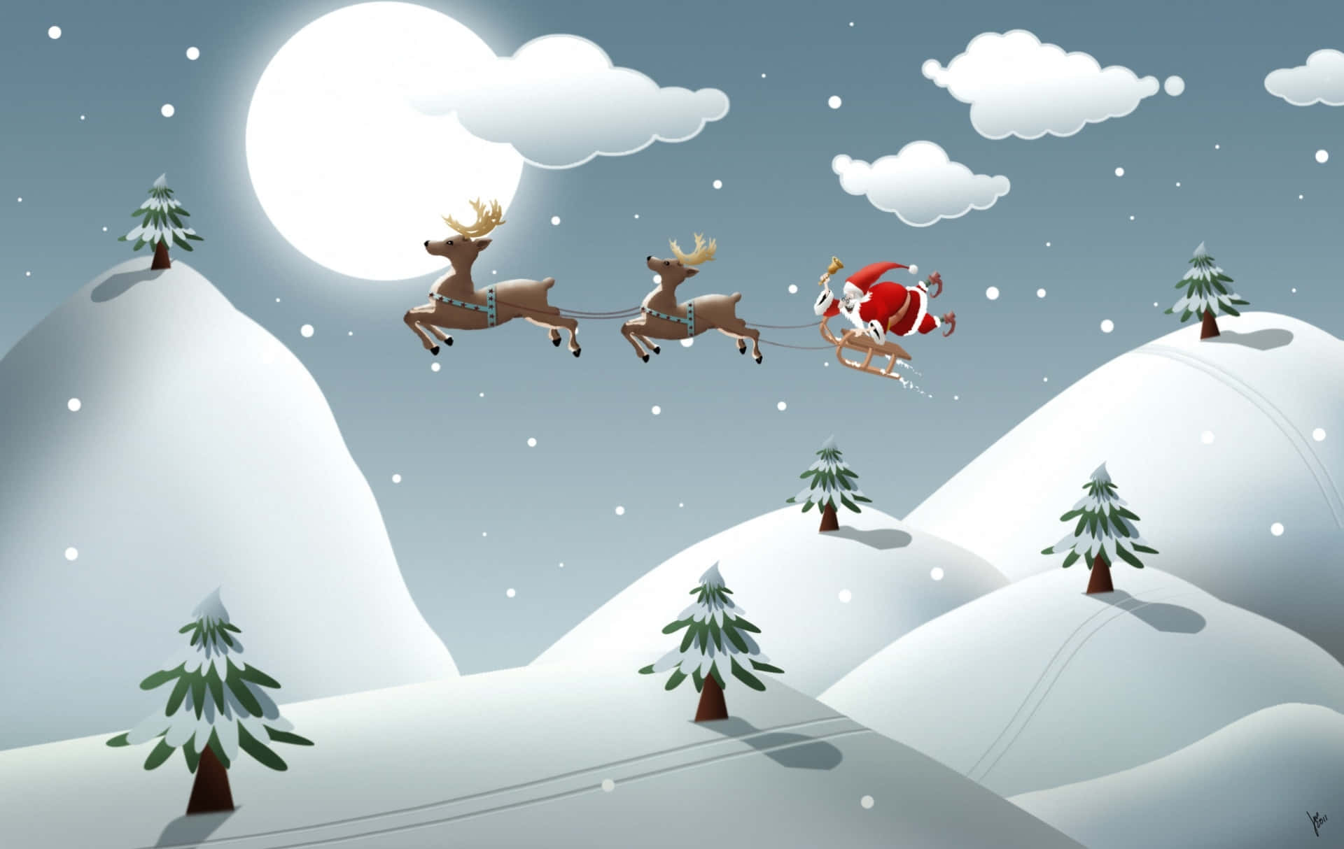 Cartoon 桌布 壁紙 — 聖誕老人穿著紅色西裝，乘坐由兩隻馴鹿拉著的雪橇，在滿月下飛越白雪覆蓋的山丘。
