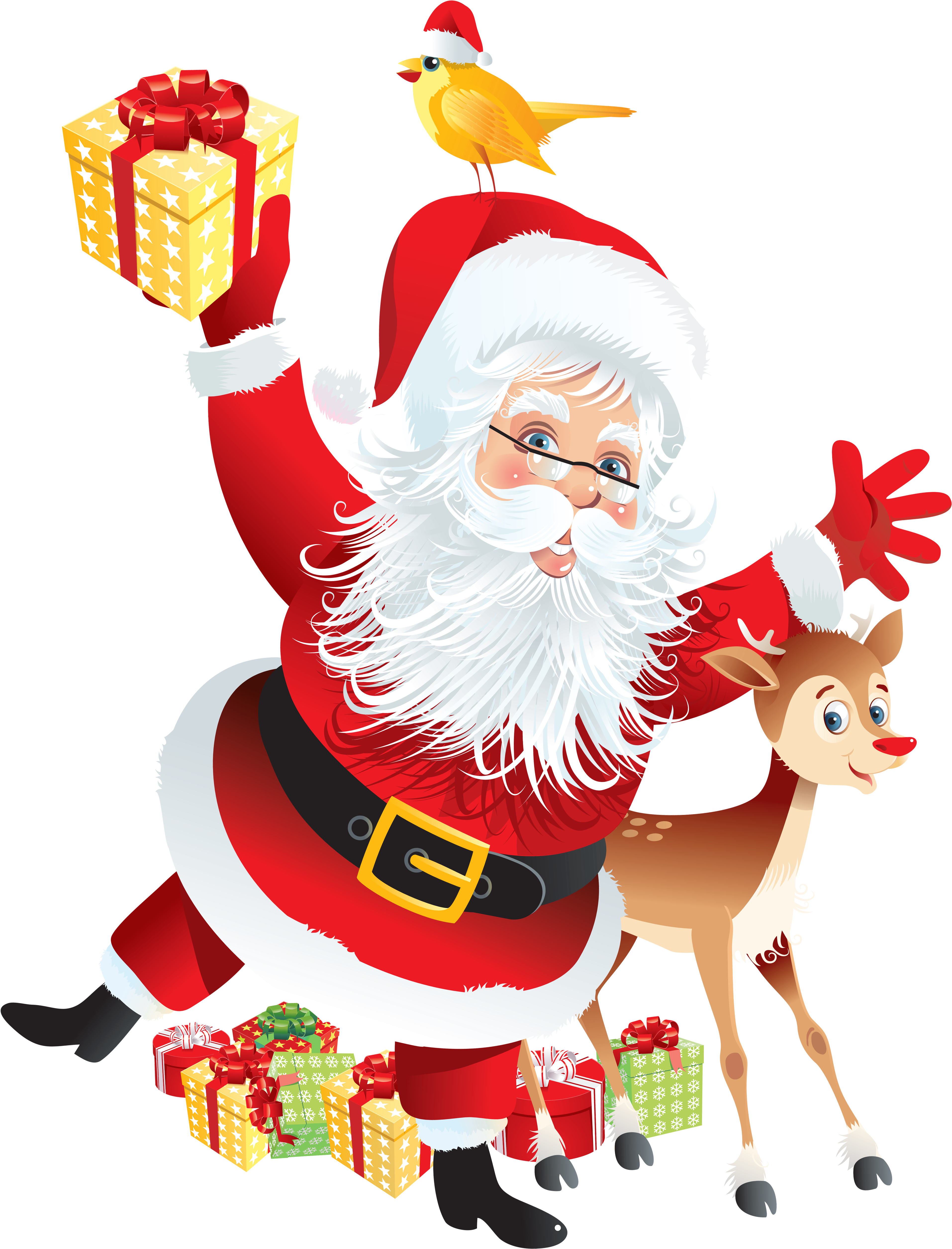 Santa 桌布 壁紙 — 聖誕老人穿著紅色西裝，拿著一個禮物盒，旁邊有一隻馴鹿和一隻黃色小鳥棲息，周圍都是禮物。