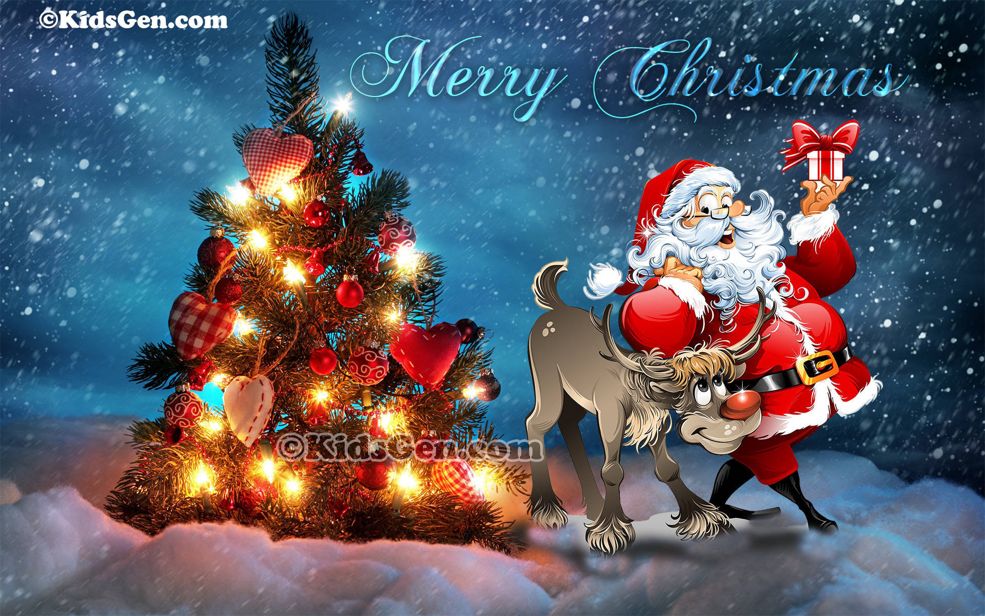 christmas laptop 桌布 壁紙 — 聖誕老人穿著紅色西裝，拿著禮物，站在馴鹿旁邊，旁邊是發光的聖誕樹，雪花飄落。