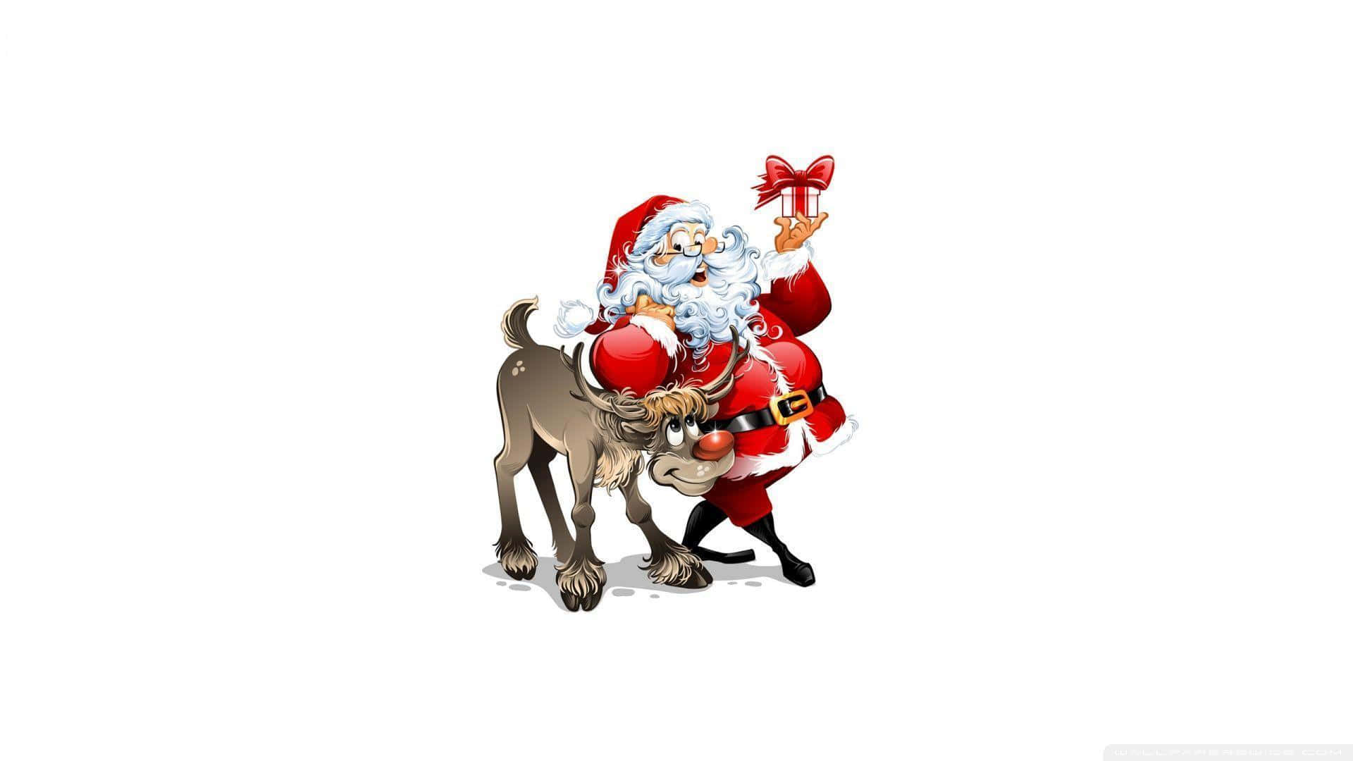 Santa Claus HD 桌布 壁紙 — 聖誕老人穿著紅色西裝，拿著禮物盒，站在馴鹿旁邊，背景是純白色。