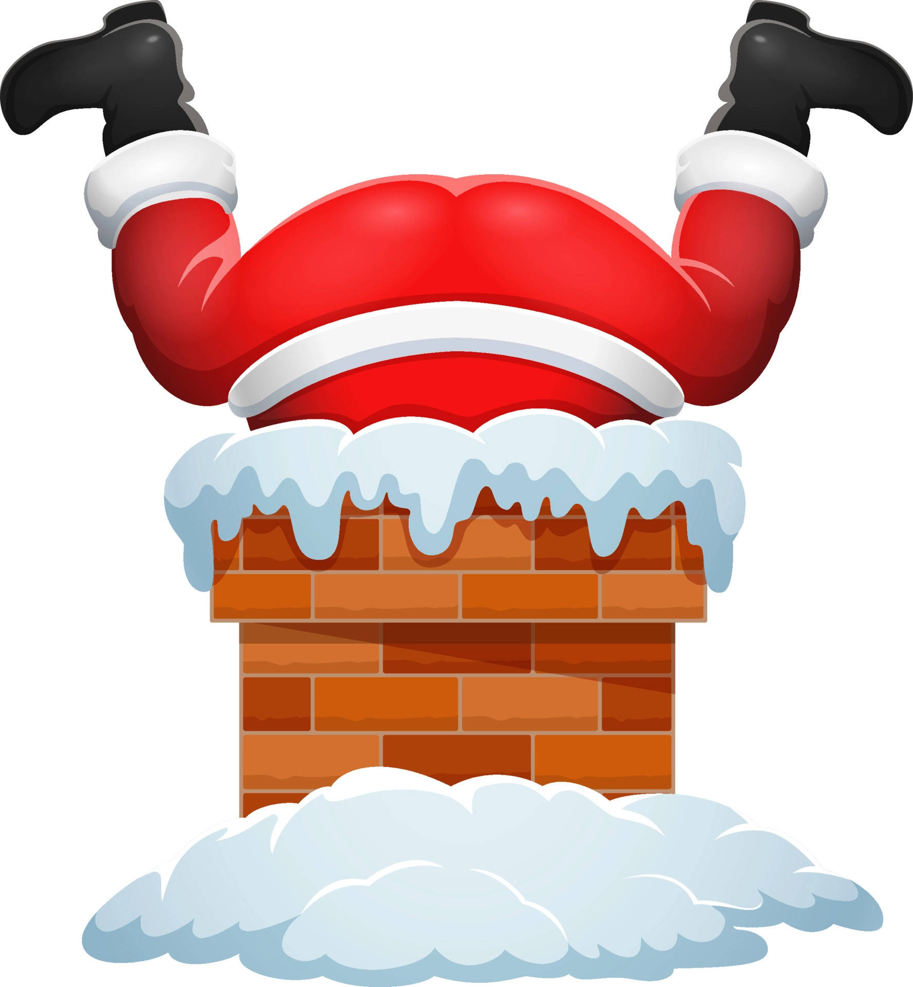 Santa Claus 桌布 壁紙 — 聖誕老人穿著紅色西裝和黑色靴子，從被雪覆蓋的磚砌煙囪中倒著出現。