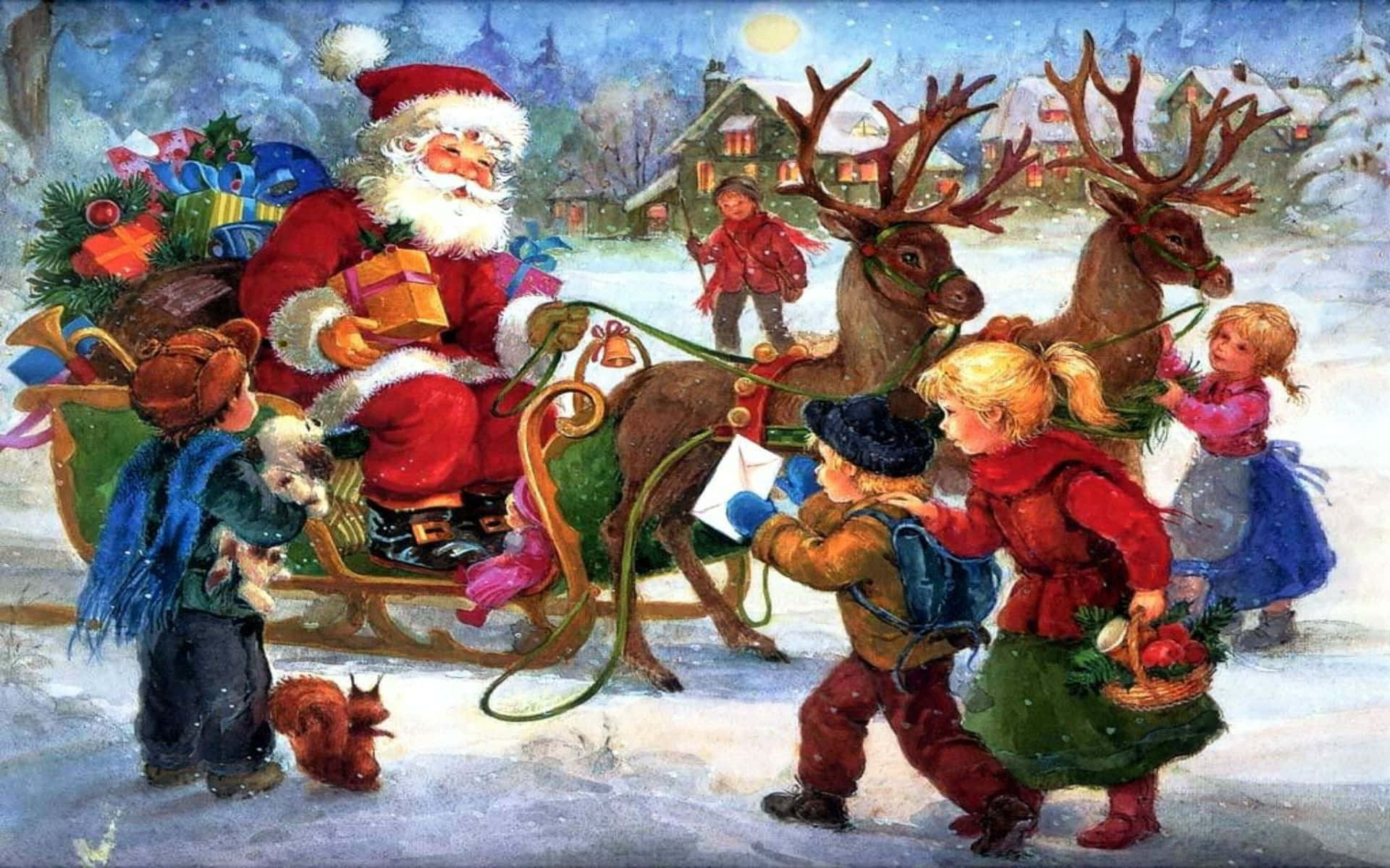 Vintage Christmas 桌布 壁紙 — 聖誕老人穿著紅色西裝坐在由馴鹿拉著的雪橇上，而穿著冬裝的孩子們在雪夜的村莊裡收集禮物。