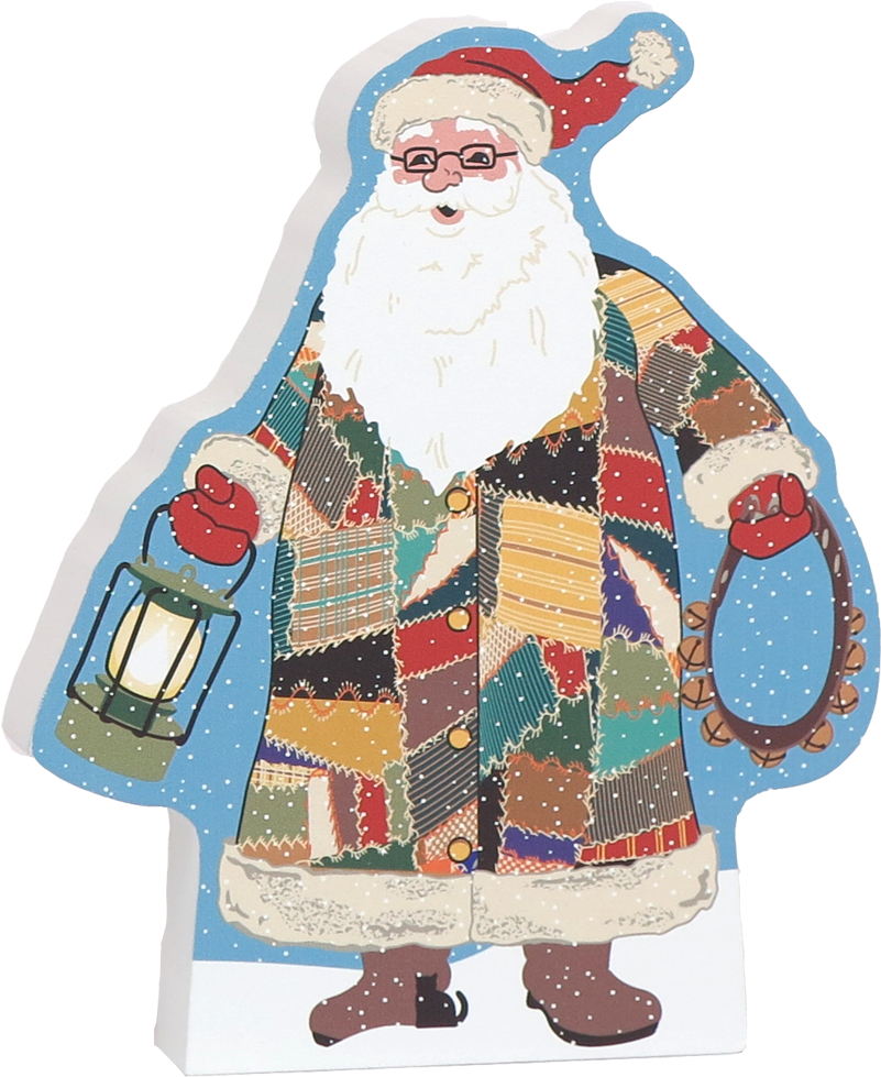 剪貼畫 桌布 壁紙 — 聖誕老人穿著色彩繽紛的拼布外套，在雪藍色背景中提著燈籠和鈴鐺。