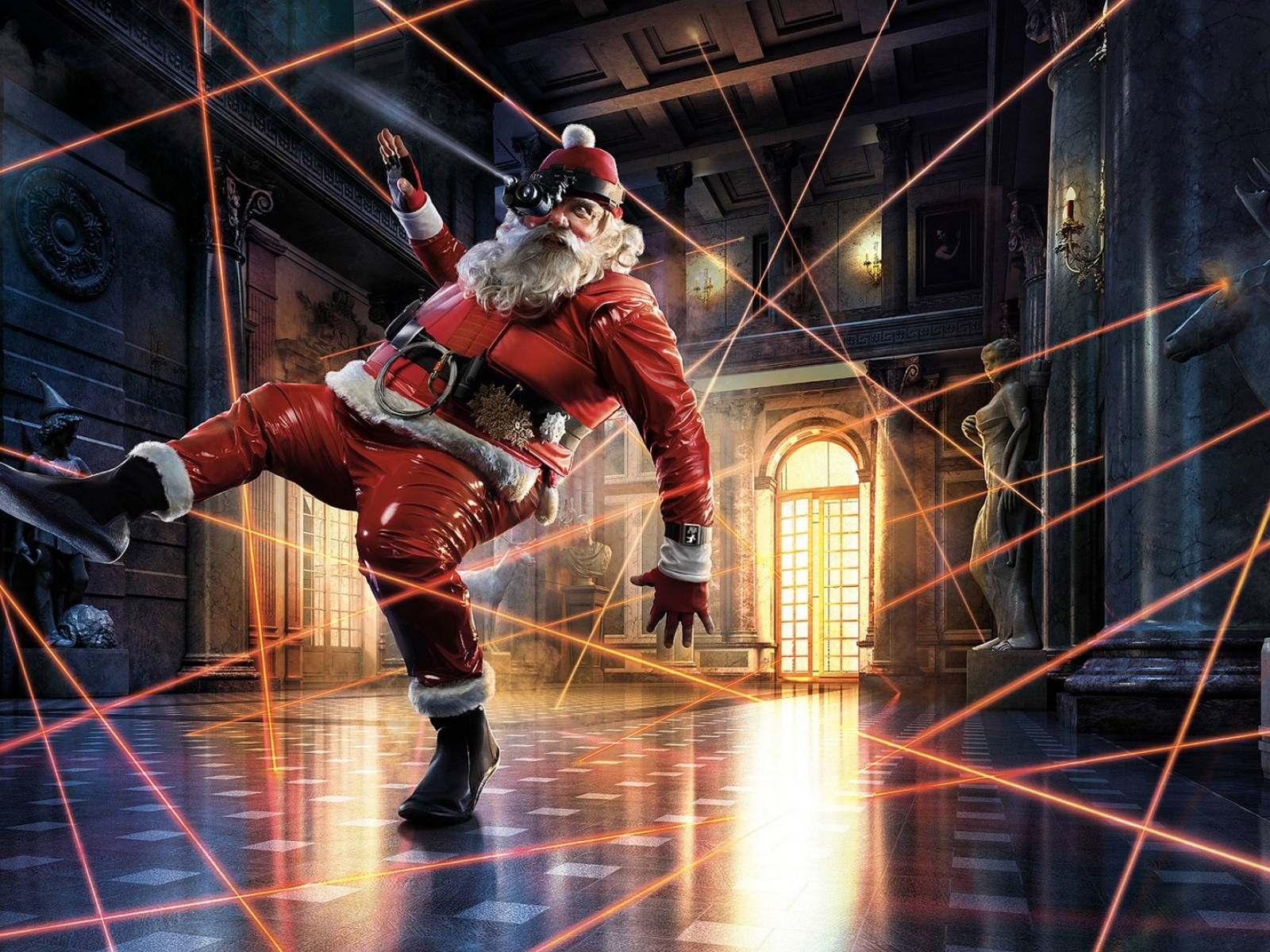 Santa Claus 桌布 壁紙 — 聖誕老人穿著閃亮的紅色西裝，在一個被發光橙色雷射光束橫穿的大廳中動感地跳舞。