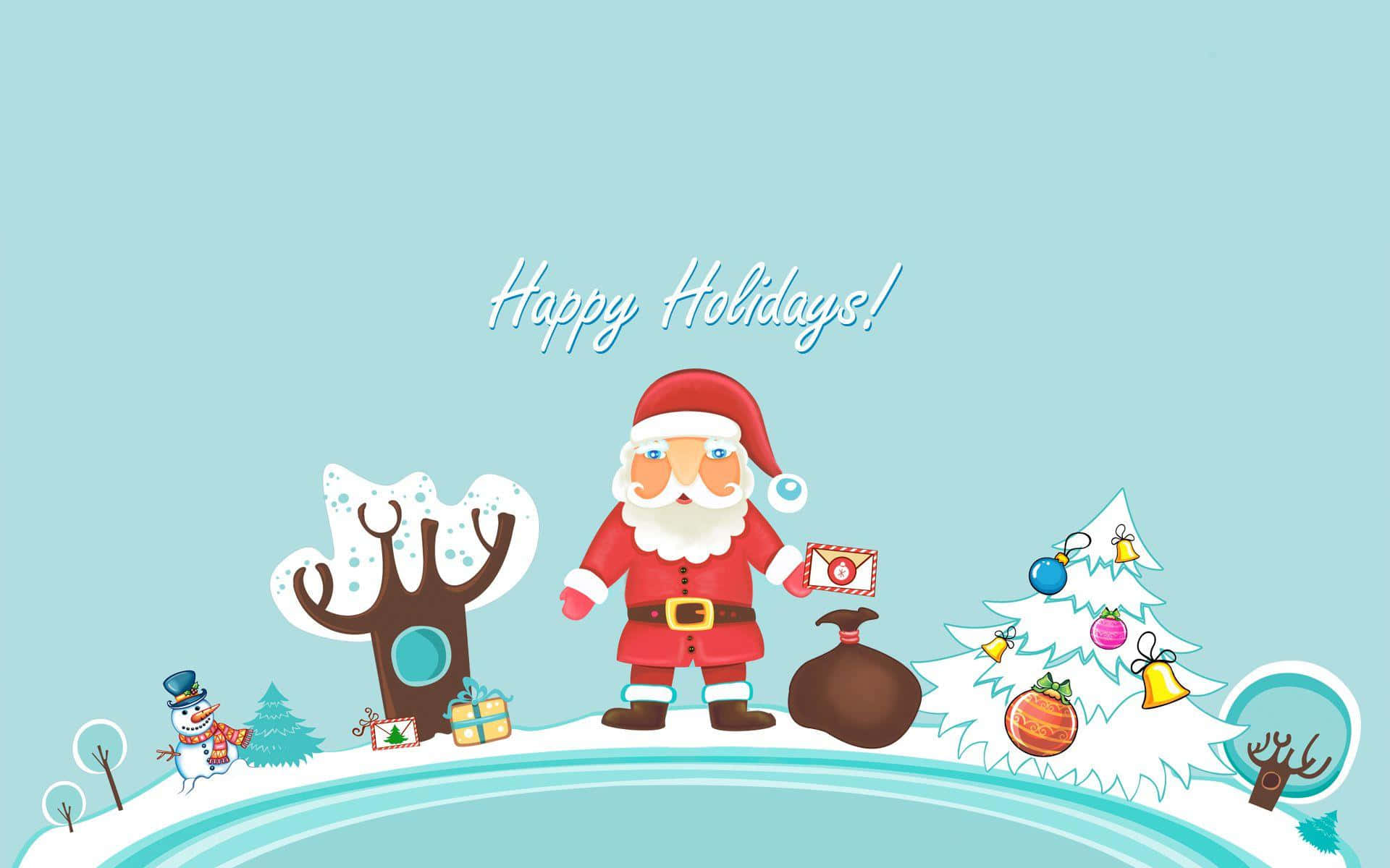 Santa Claus HD 桌布 壁紙 — 聖誕老人站在雪丘上，拿著一封信，旁邊有裝飾過的樹和雪人，在淺藍色的天空下。