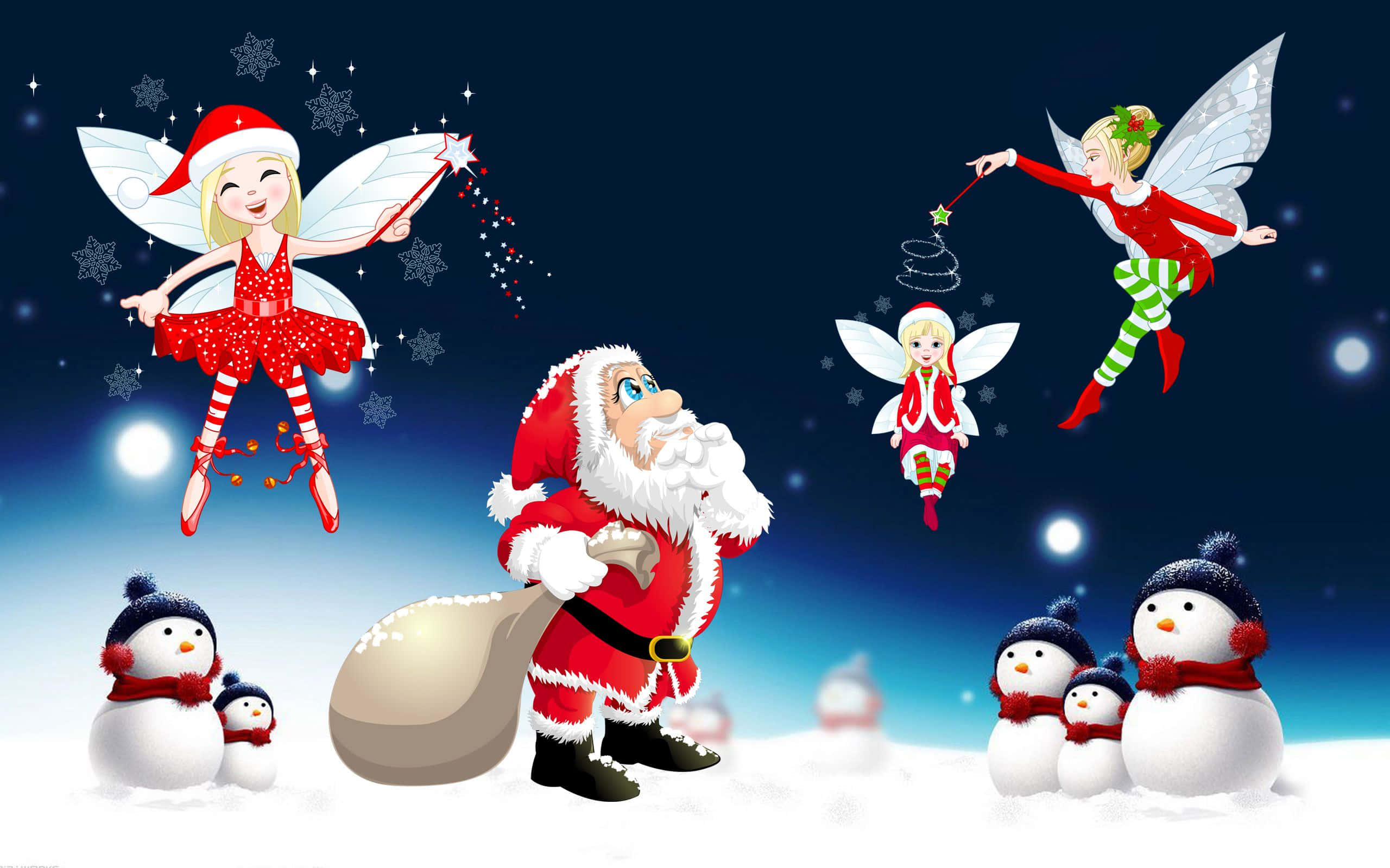 Santa Claus HD 桌布 壁紙 — 聖誕老人站在雪夜中，三個仙女在快樂的雪人周圍灑下閃光和雪花。