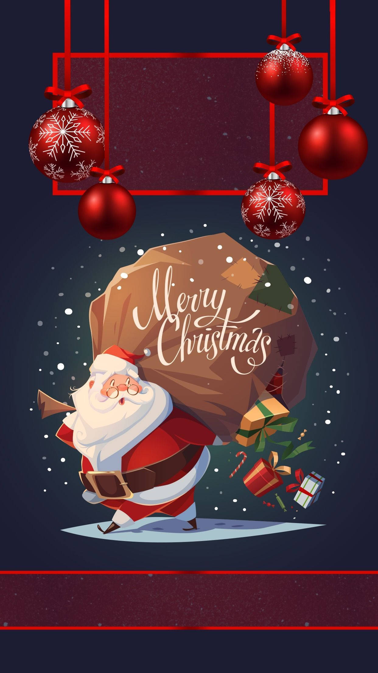 Santa Claus 桌布 壁紙 — 聖誕老人背著一個標有「聖誕快樂」的巨大袋子，節日裝飾和禮物在他周圍飄浮，背景是雪夜。