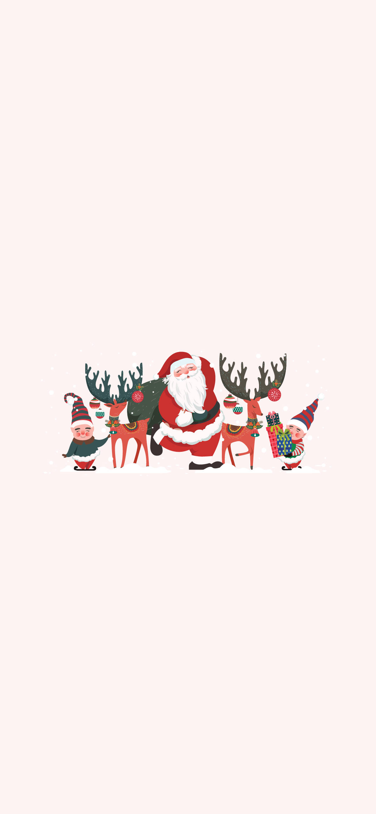 Santa Claus 桌布 壁紙 — 聖誕老人與兩隻馴鹿和兩個小精靈在柔和的粉紅色背景上拿著禮物。