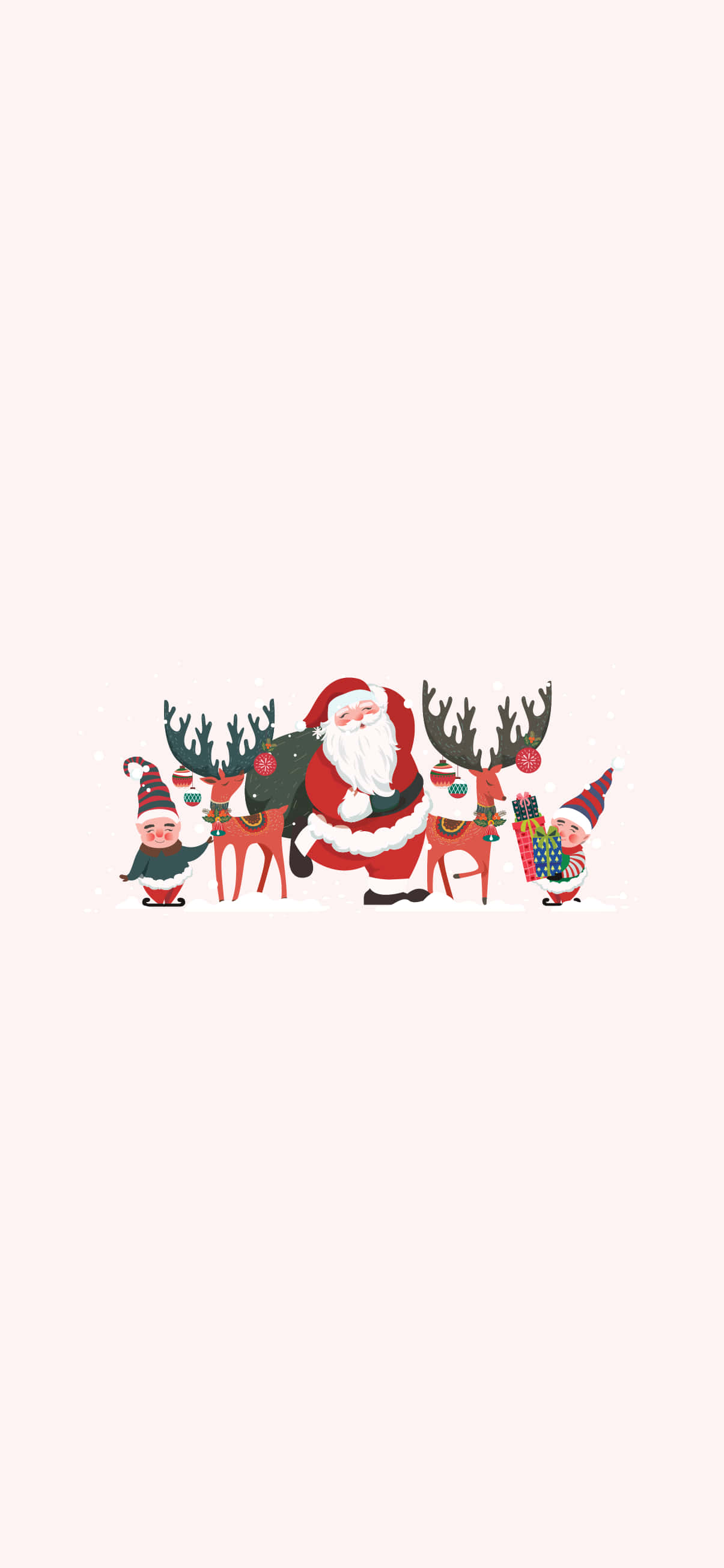 Cute Simple Christmas 桌布 壁紙 — 聖誕老人與兩隻馴鹿和兩個精靈站在柔和的粉紅色背景前，以節日卡通風格呈現。