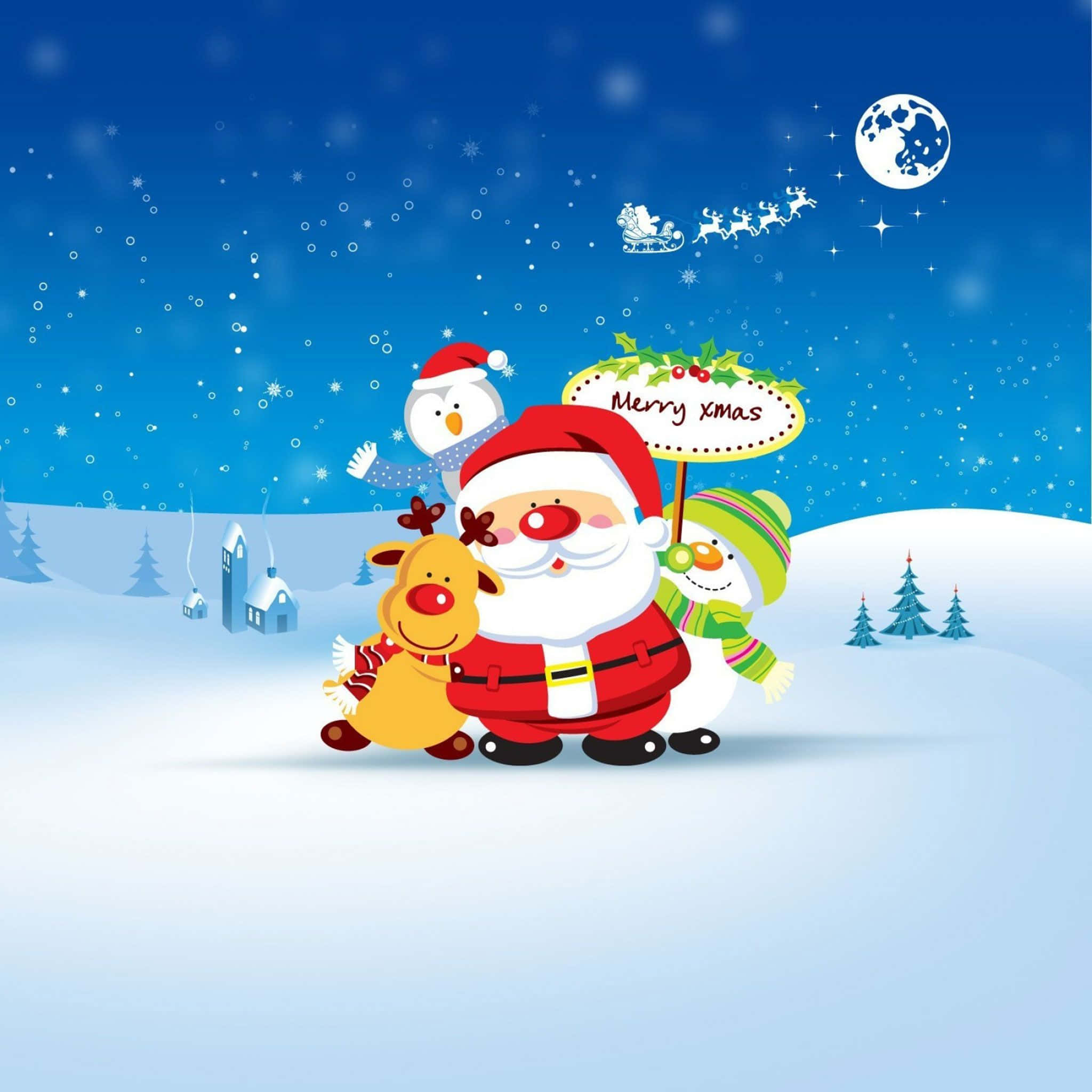 桌布 壁紙 — 聖誕老人與馴鹿和雪人在星空冬日天空下舉著「Merry Xmas」標語。