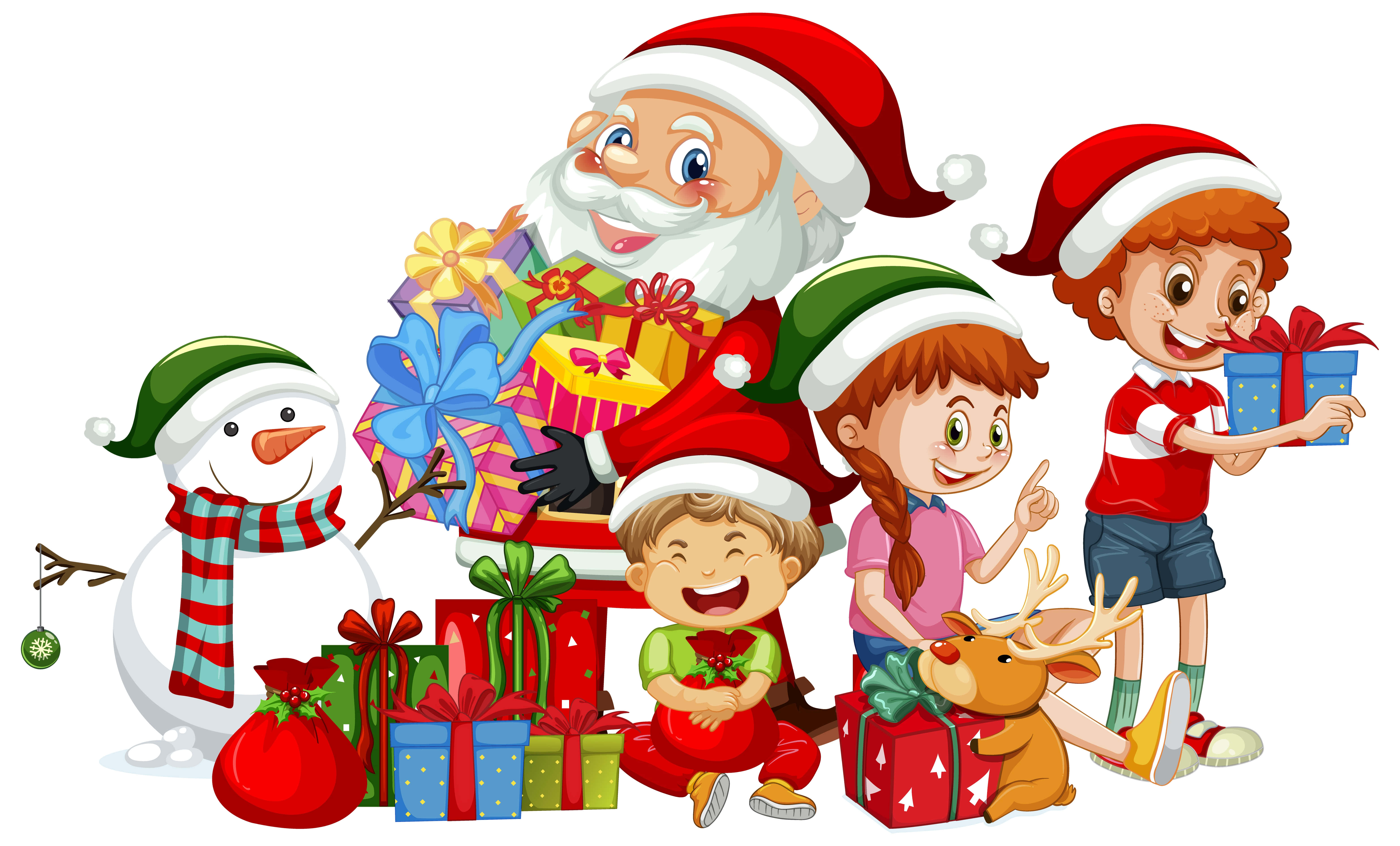Christmas Elves 桌布 壁紙 — 聖誕老人被歡樂的孩子們和一個堆滿色彩繽紛包裝禮物的雪人包圍。