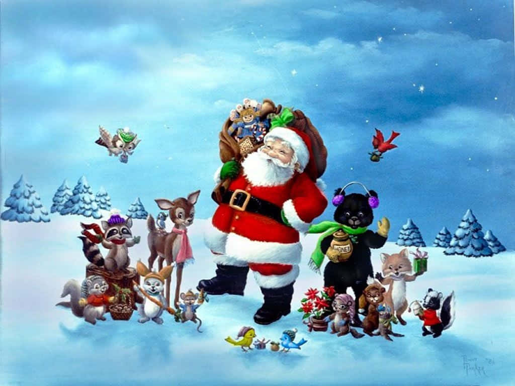 聖誕節 桌布 壁紙 — 聖誕老人走過白雪皚皚的冬季仙境，周圍有歡樂的動物朋友在星空下拿著禮物。