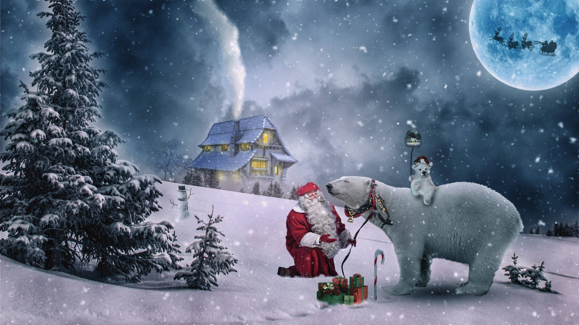 Winter Christmas 桌布 壁紙 — 聖誕老人跪在一隻北極熊旁邊，北極熊背上有一隻小狗，靠近一間雪屋，在月光下的冬日天空中，雪橇在頭頂飛過。