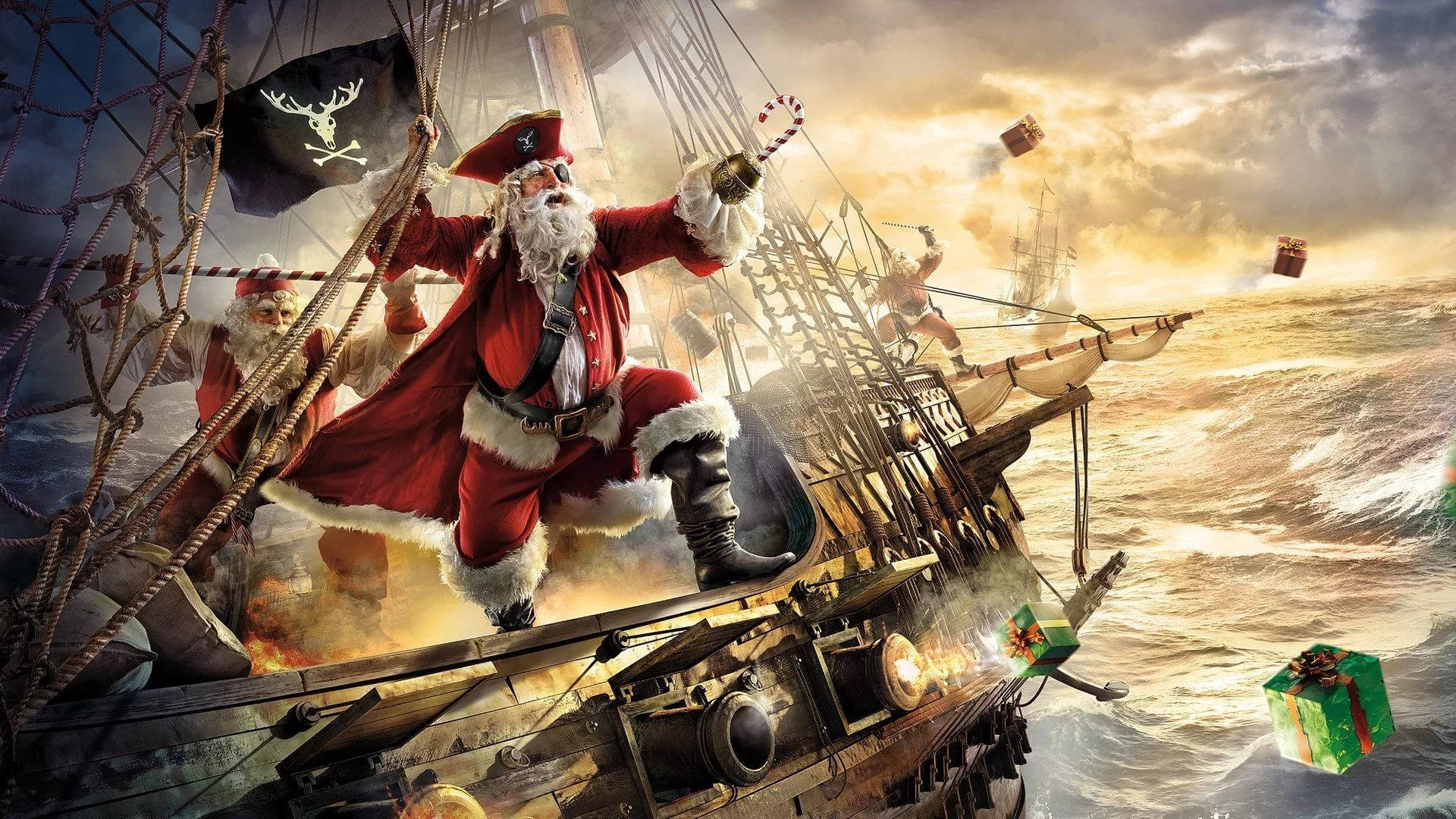 Santa Claus 桌布 壁紙 — 聖誕老人身穿海盜服裝，駕船穿越波濤洶湧的大海，禮物在空中飛舞。
