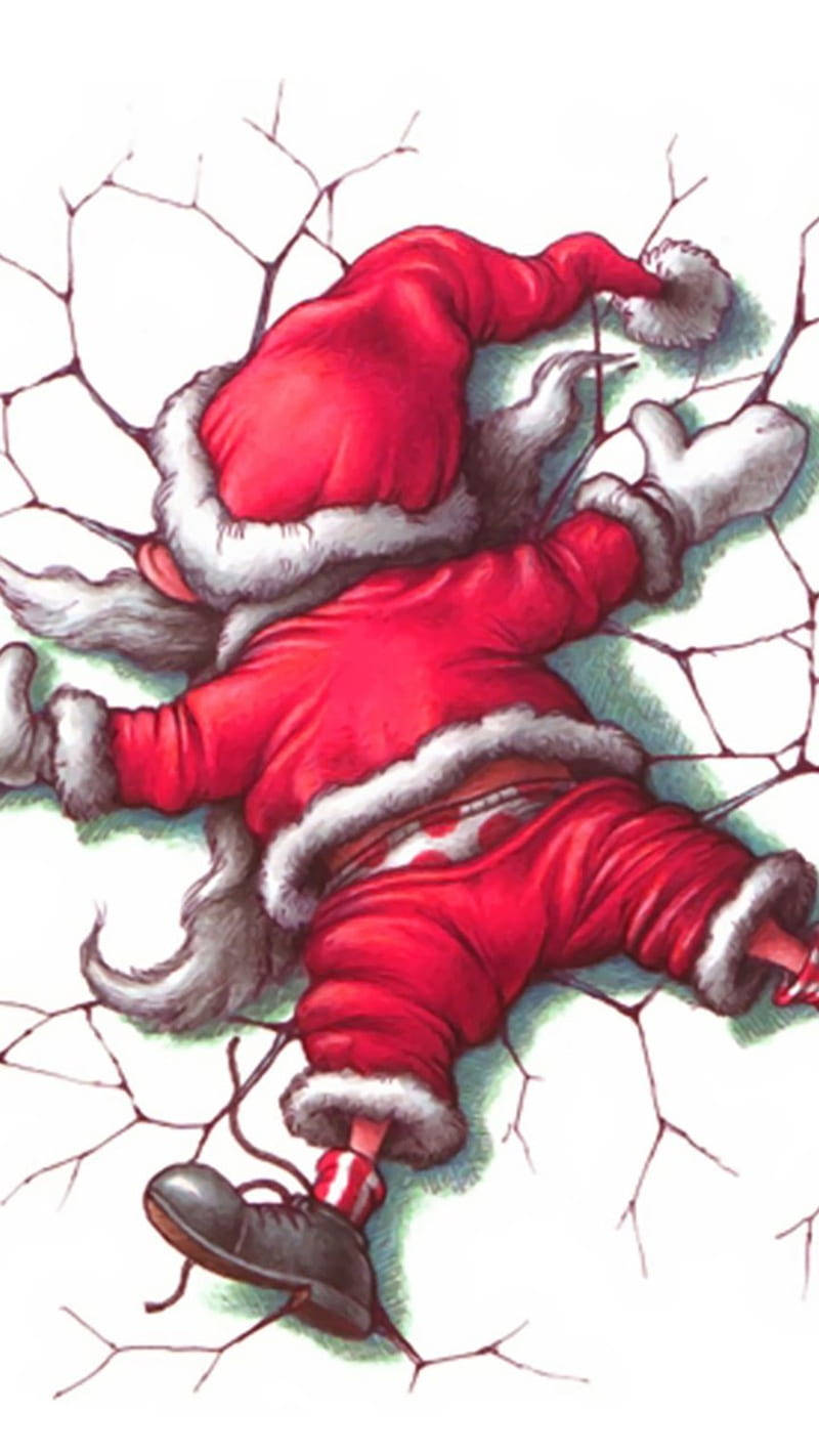 Santa Claus 桌布 壁紙 — 聖誕老人身穿紅色動感套裝，搭配白色飾邊和黑色靴子，衝破一道裂牆。