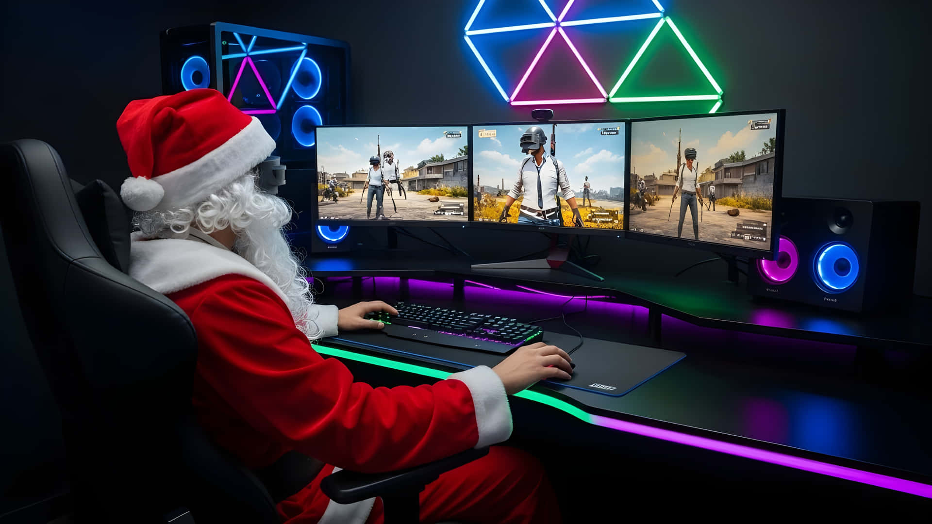 Santa Claus playing PC games 壁紙 — 聖誕老人身穿紅色西裝，在帶有霓虹燈和RGB周邊設備的彎曲三顯示器設置上玩電子遊戲。