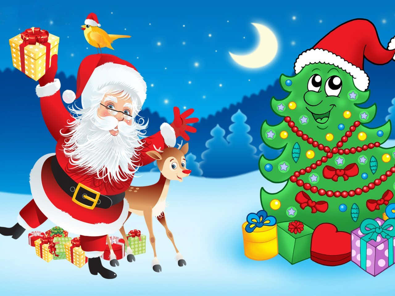 Santa 桌布 壁紙 — 聖誕老人身穿紅色西裝，在彎月下站在微笑的動畫聖誕樹旁邊，與馴鹿一起拿著禮物。